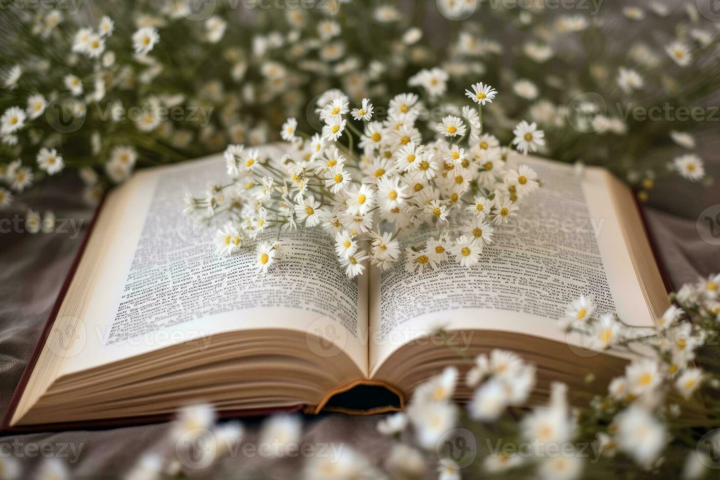 An open book with daisys growing out of it. Generative Ai photo