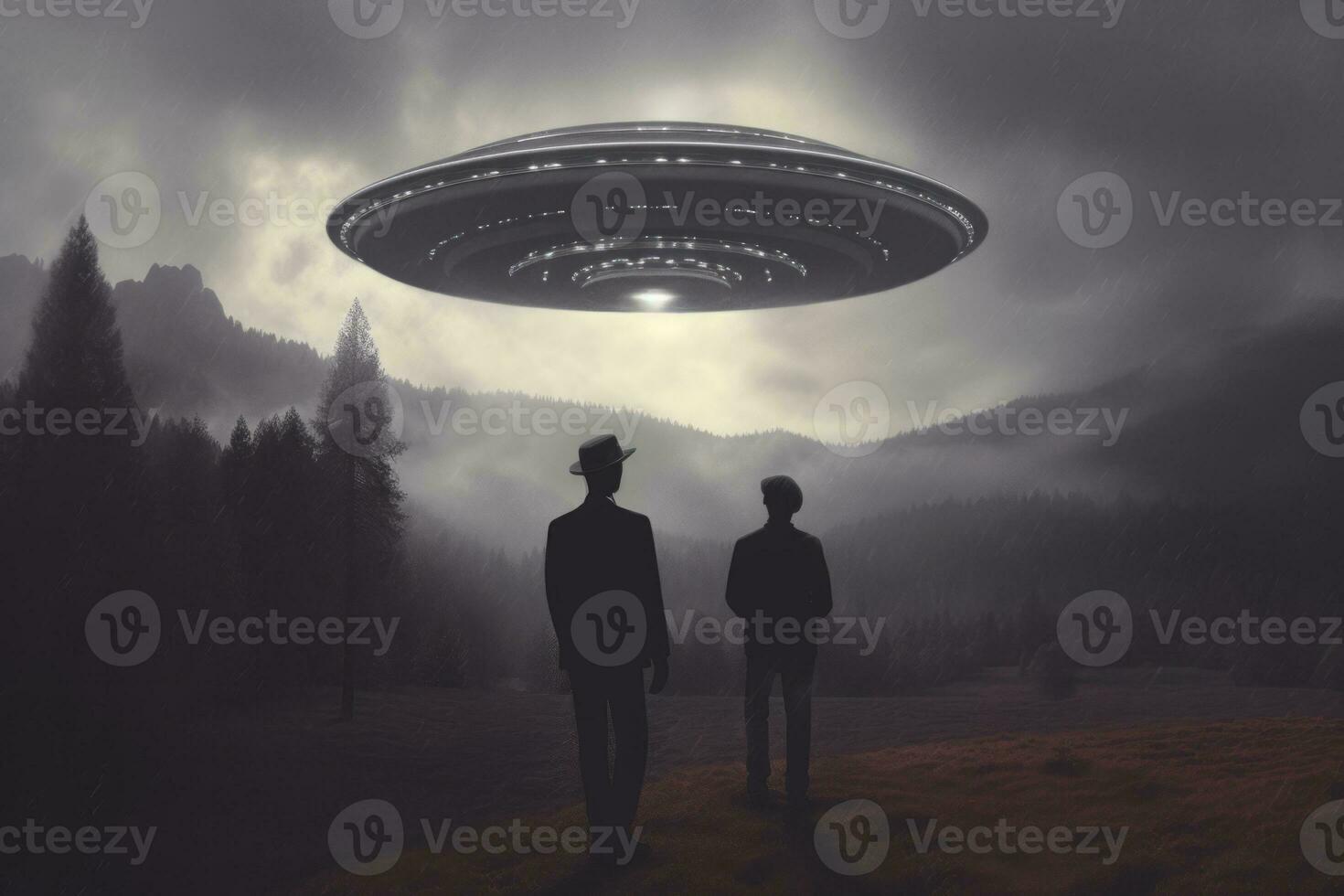 Men in black suits analyzing and collecting evidence at the site of an alleged UFO sighting. Generative AI photo