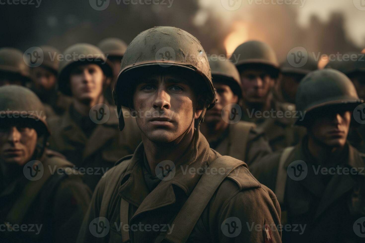 A powerful image showcasing a group of soldiers during second world war, standing together in a pose that represents unity, camaraderie, and resilience. Generative Ai photo