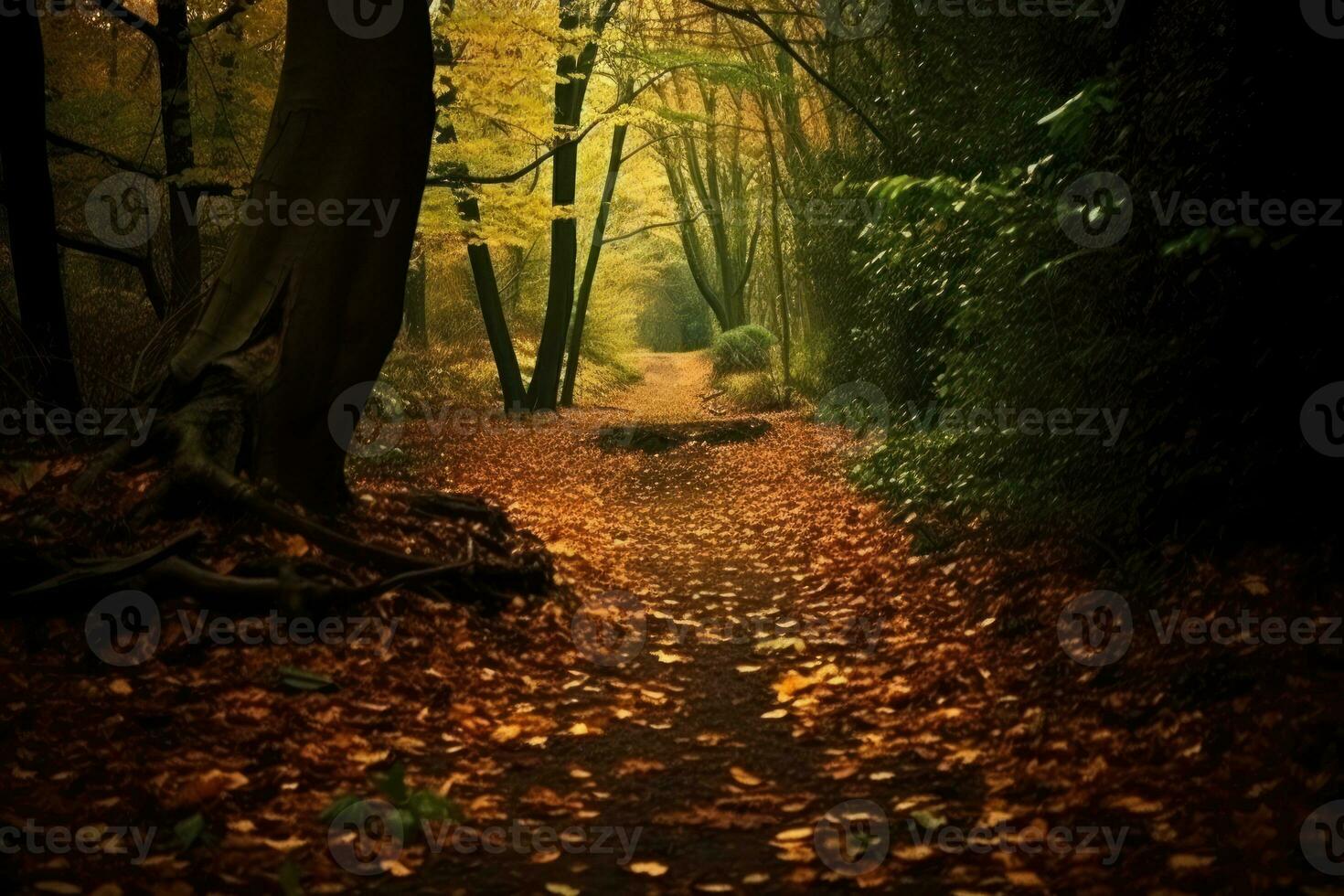 A serene forest path covered with autumn leaves, creating a tranquil atmosphere and offering space for text or slogans. Generative Ai photo