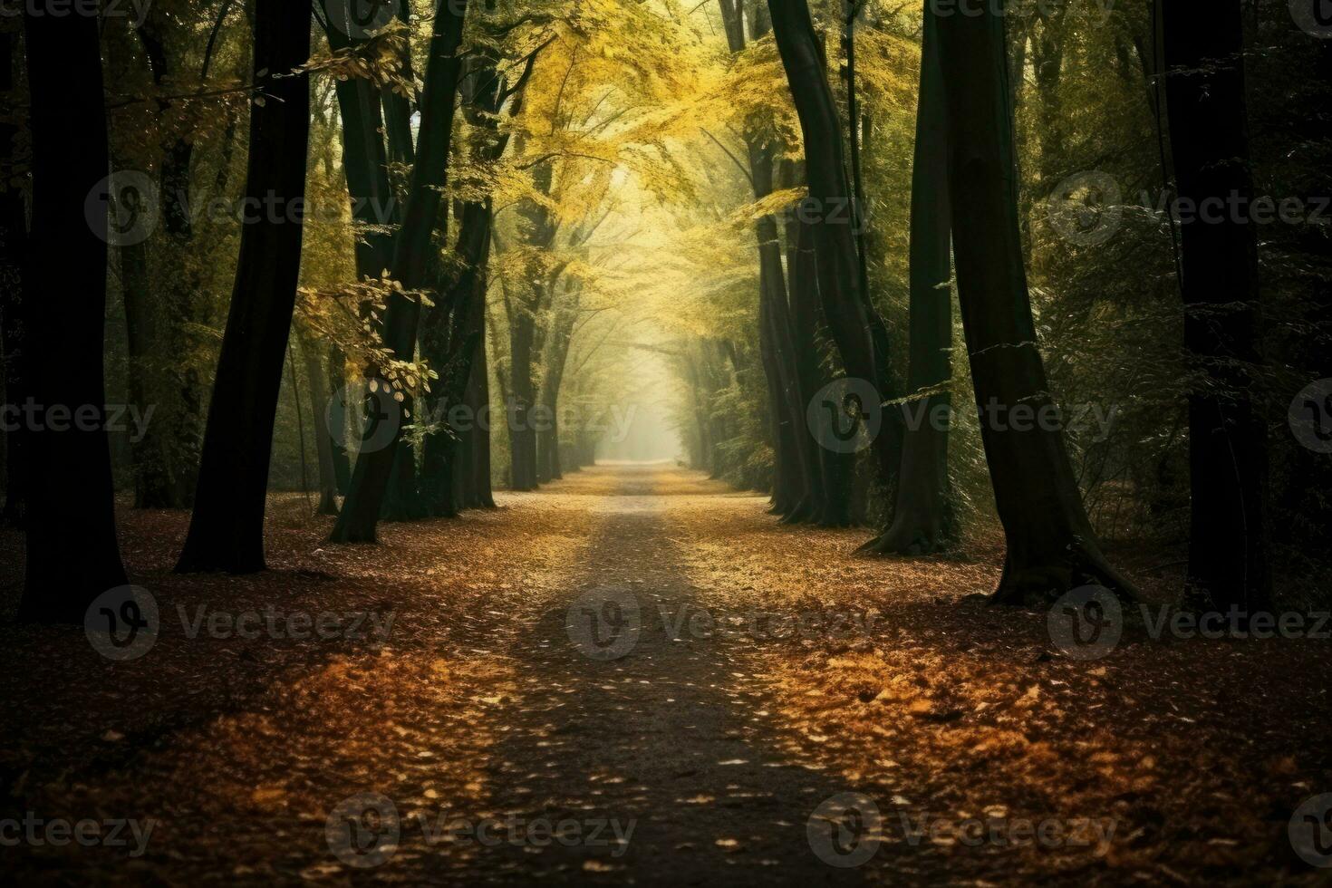 A serene forest path covered with autumn leaves, creating a tranquil atmosphere and offering space for text or slogans. Generative Ai photo