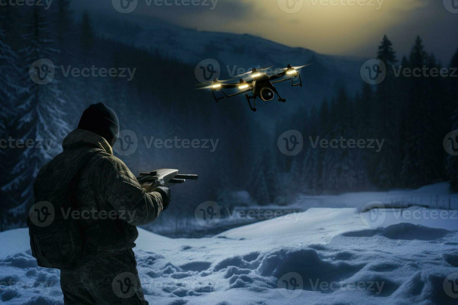Military personnel operating drones for reconnaissance and surveillance in snowy terrain. Generative AI photo