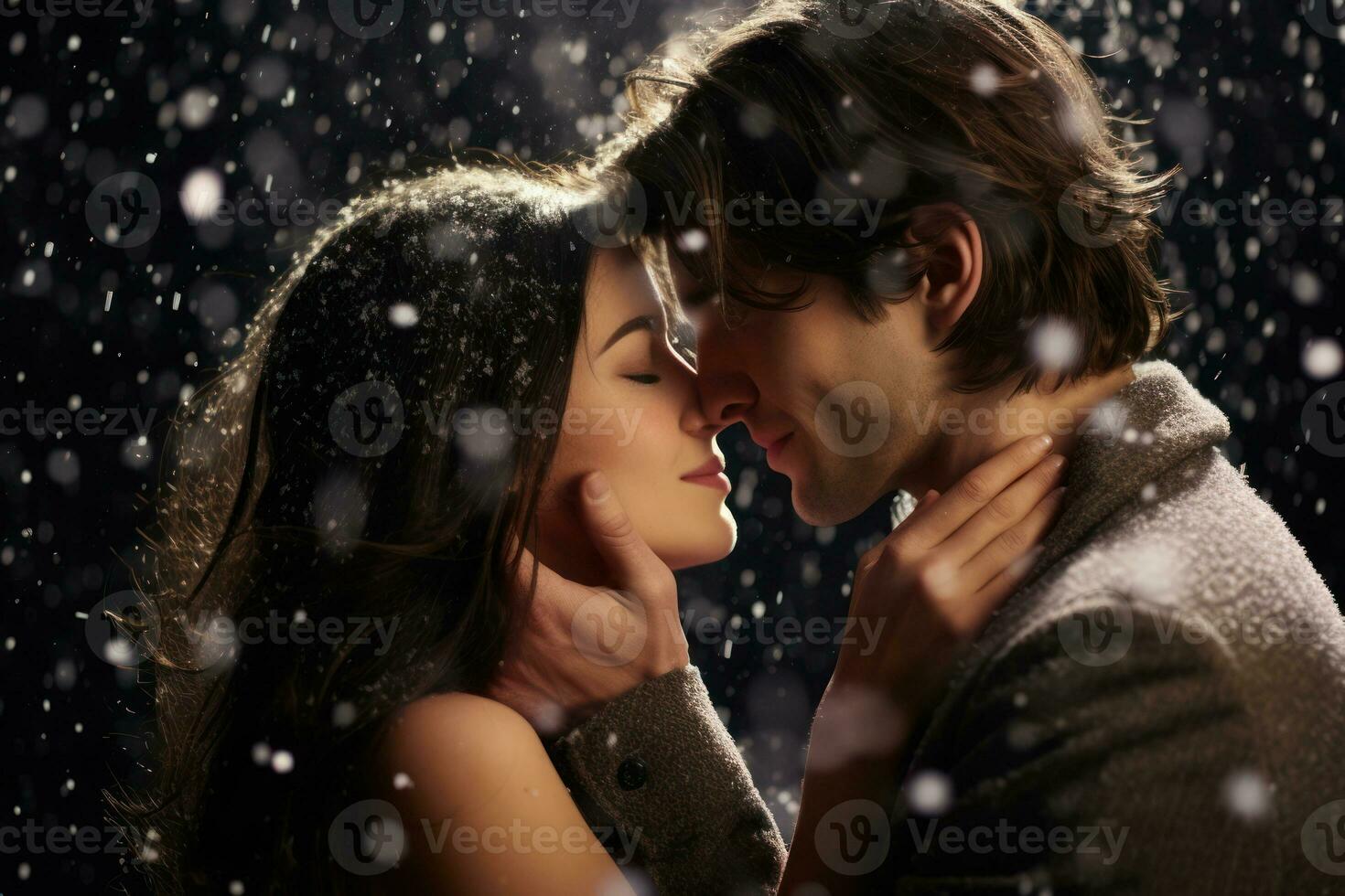 A close-up shot of a loving couple sharing a passionate kiss against a backdrop of falling snowflakes. Generative Ai photo