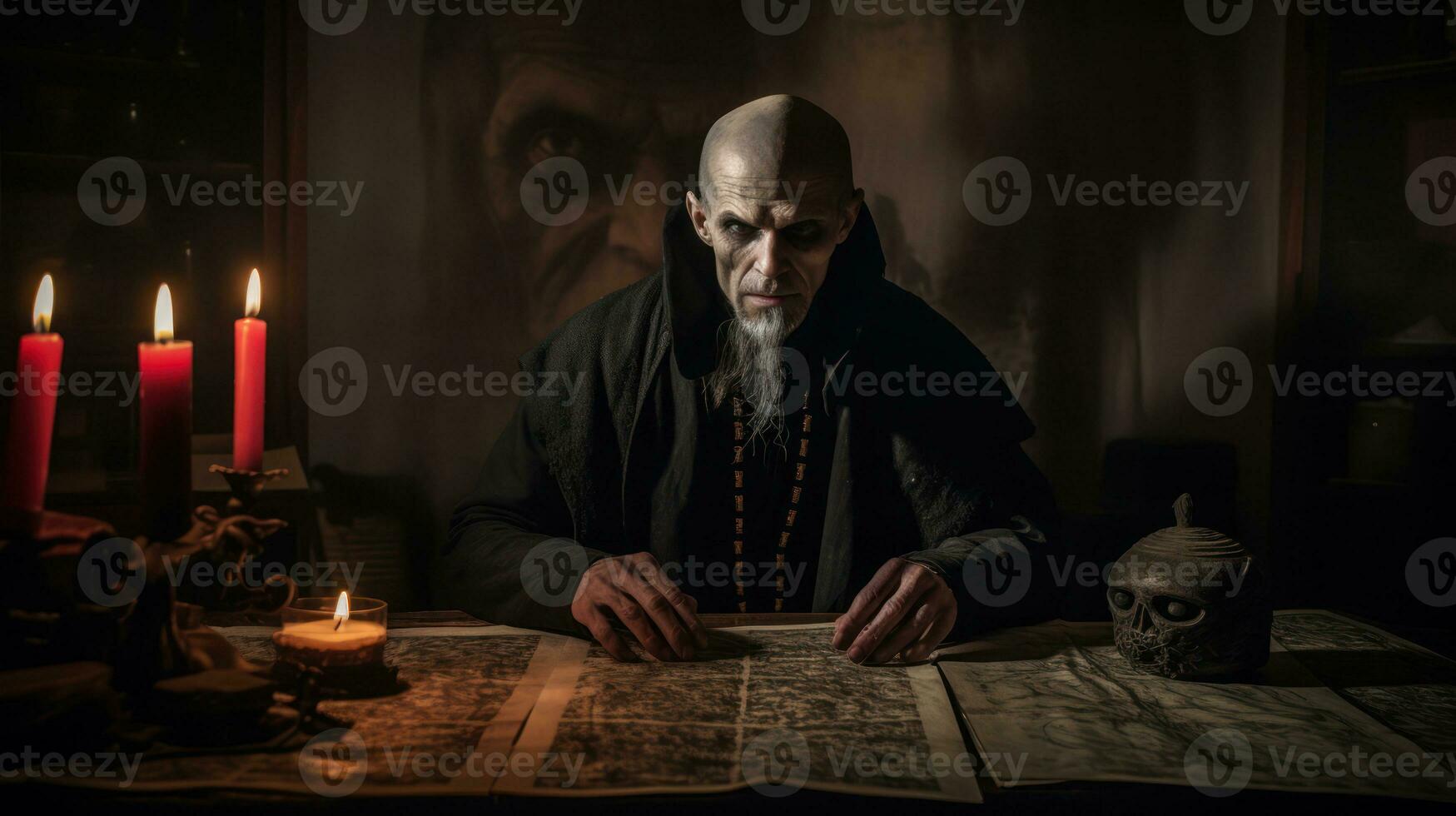 A exorcist in a dimly lit room, surrounded by candles and ancient texts, performing a ritual to expel malevolent spirits, intense concentration on their face. Generative Ai photo