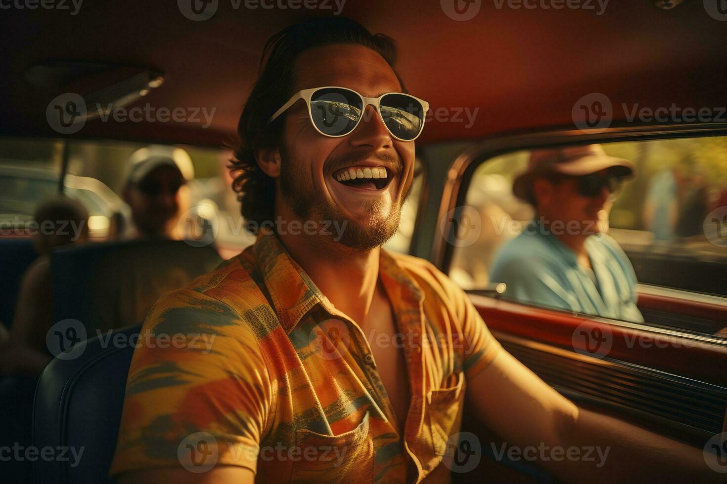 A group of young friends having a road trip, with a classic car and trendy outfits. Adventure and fun are guaranteed. Generative Ai photo