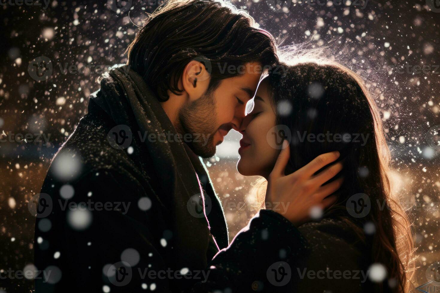 A close-up shot of a loving couple sharing a passionate kiss against a backdrop of falling snowflakes. Generative Ai photo