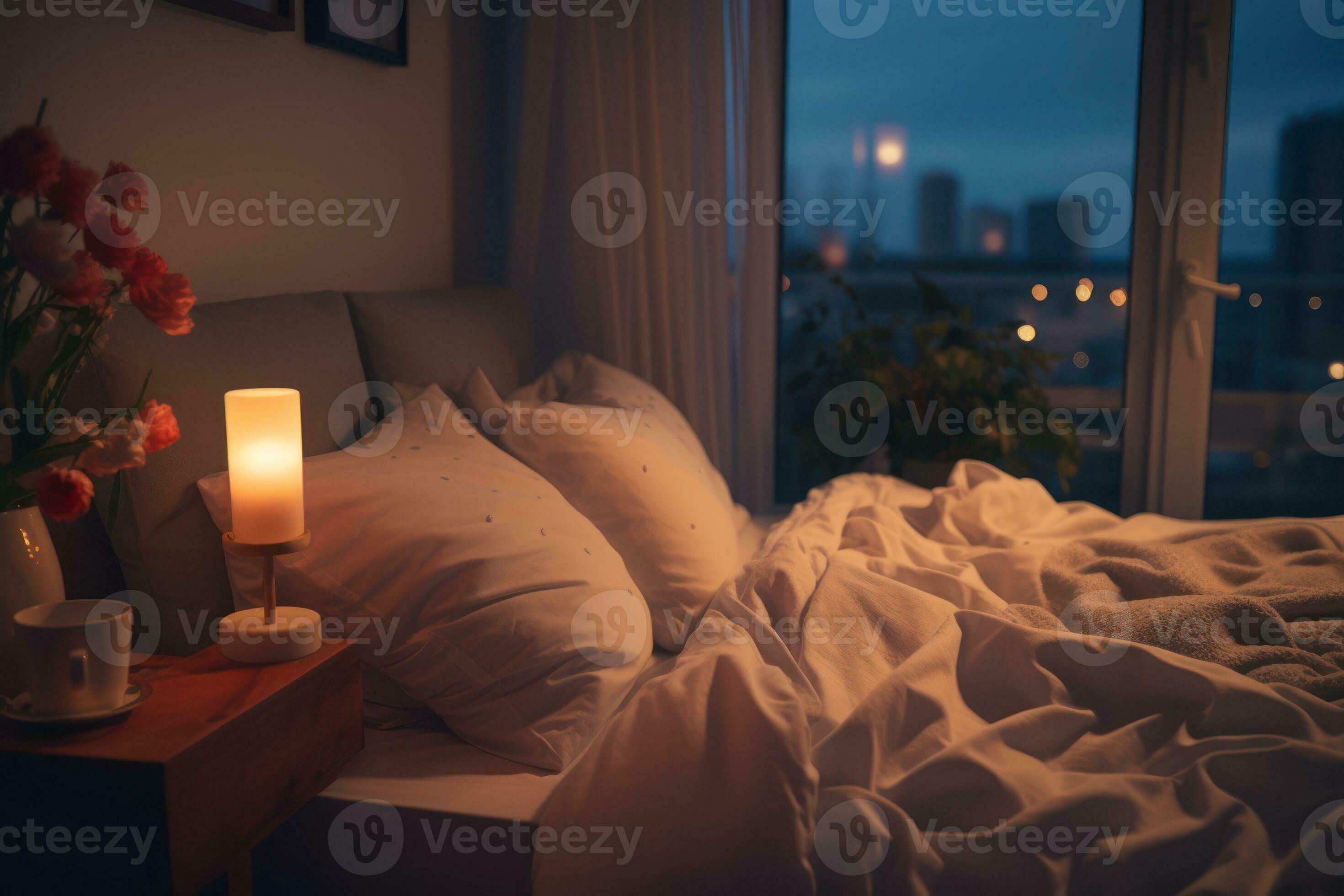 A serene bedroom scene with soft lighting, a neatly made bed, and a