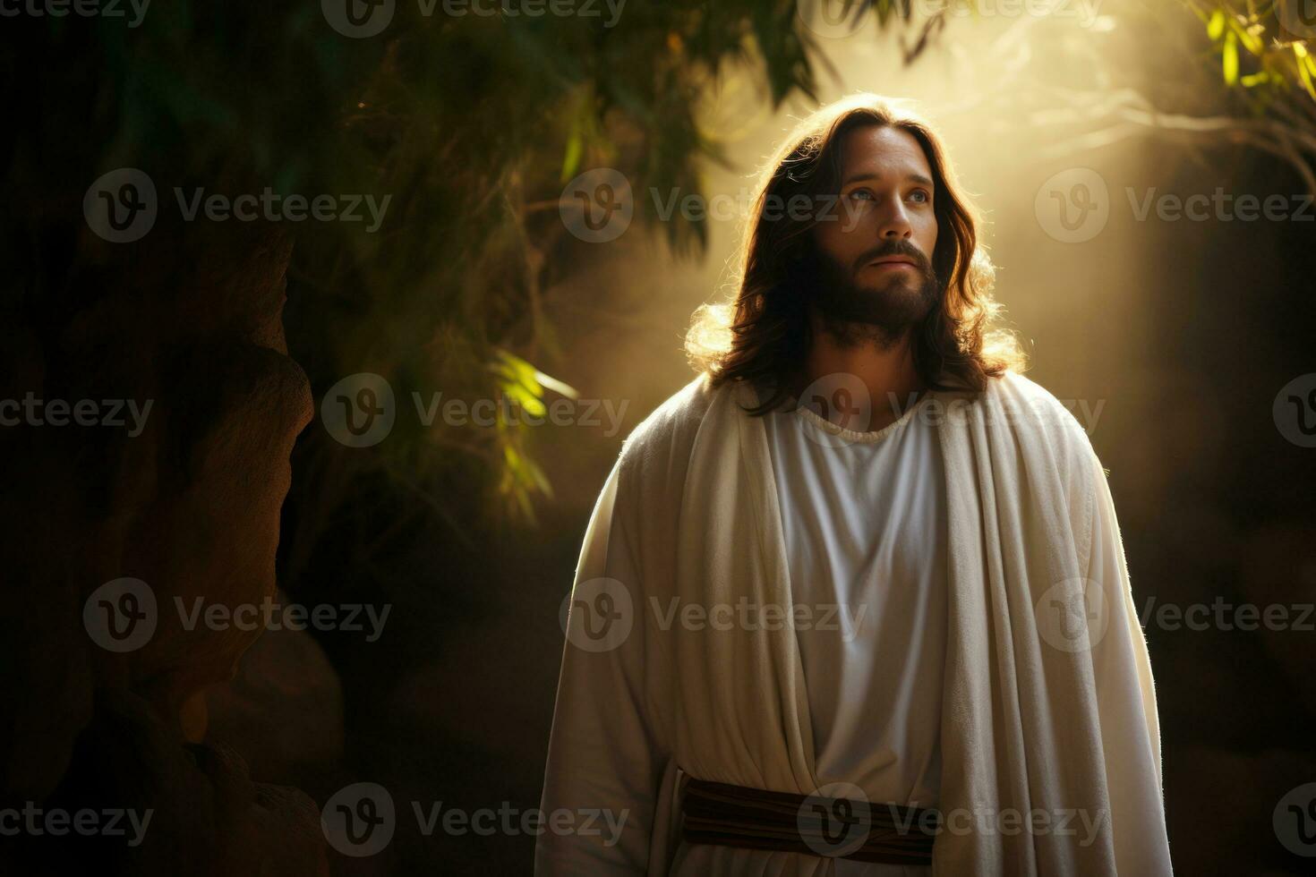 Resurrected Jesus Christ, standing beside the empty tomb, radiating grace and divinity. Generative Ai photo