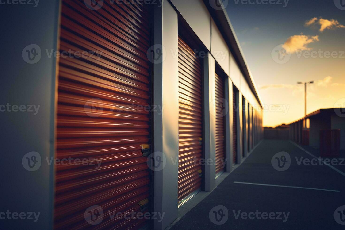 Exterior view of a self storage units row. Individual storage unit metal roll up doors. Generative Ai photo
