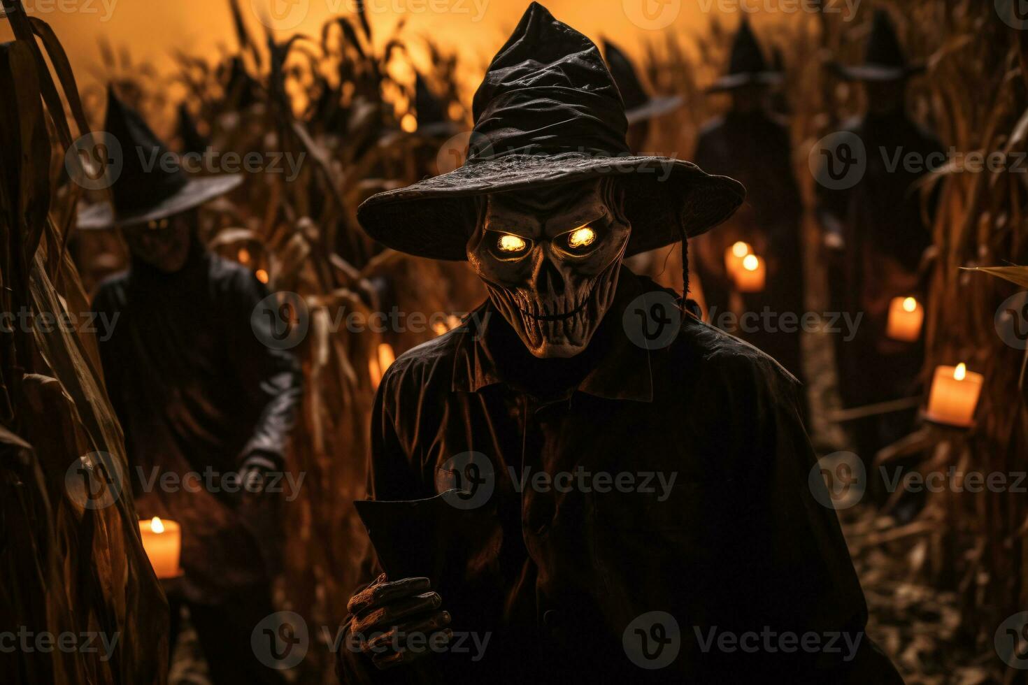 A spooky cornfield maze with menacing scarecrow figures and flickering lanterns, challenging visitors to navigate through the darkness. Generative Ai photo