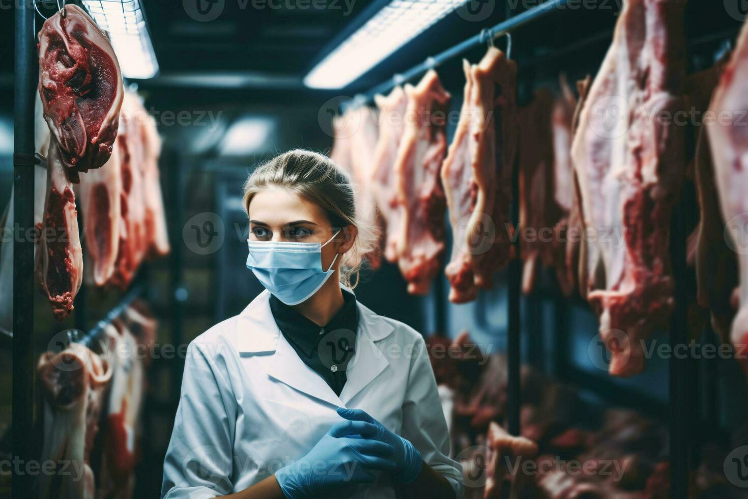 hembra Carnicero con mascarilla, inspeccionando frío almacenamiento para carne . generativo ai foto