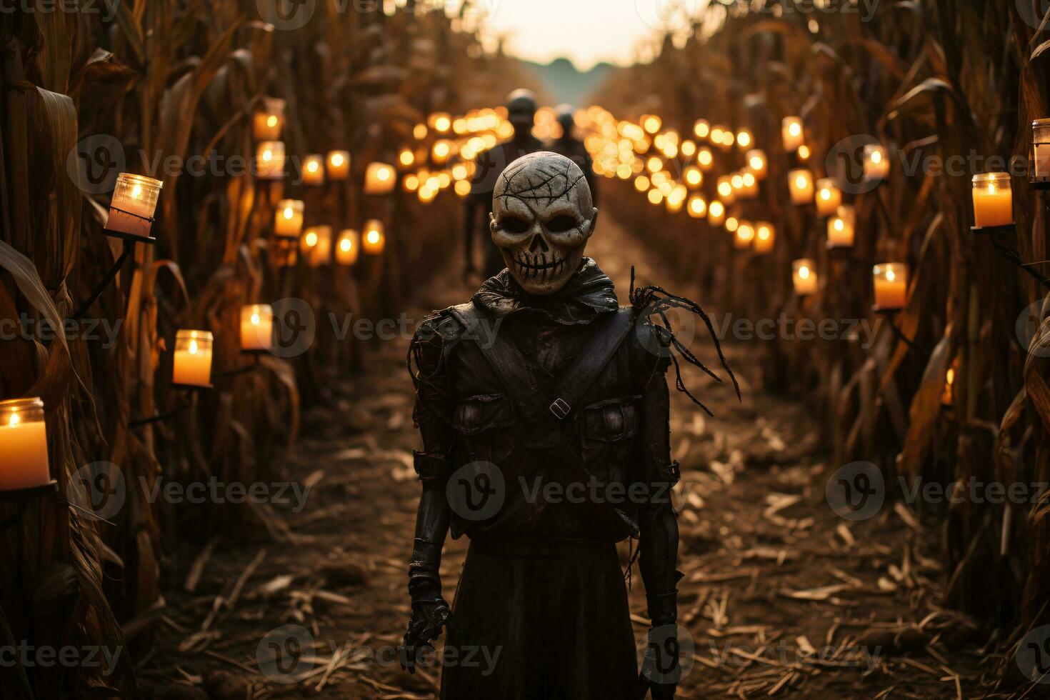 A spooky cornfield maze with menacing scarecrow figures and flickering lanterns, challenging visitors to navigate through the darkness. Generative Ai photo