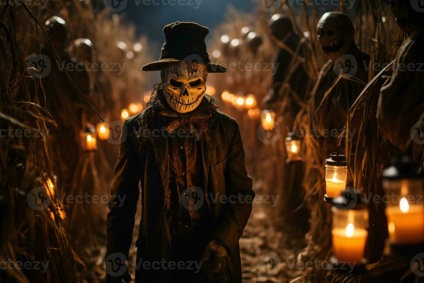 A spooky cornfield maze with menacing scarecrow figures and flickering lanterns, challenging visitors to navigate through the darkness. Generative Ai photo