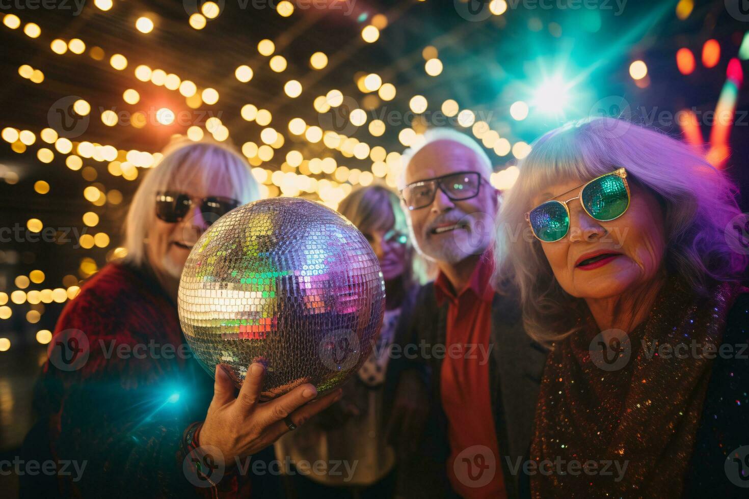 A group of elder friends posing in front of a giant disco ball, reflecting colorful lights and creating an unforgettable scene. Generative Ai photo