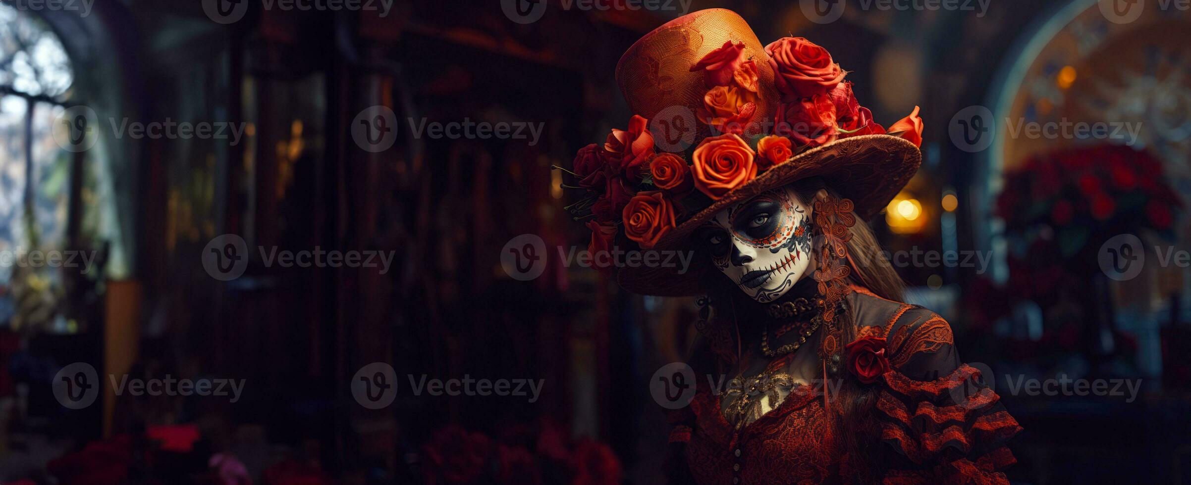 An elegant and stylish portrayal of the iconic Dia de los Muertos character, La Catrina, with elaborate clothing, a floral headdress, and a poised demeanor. Generative Ai photo