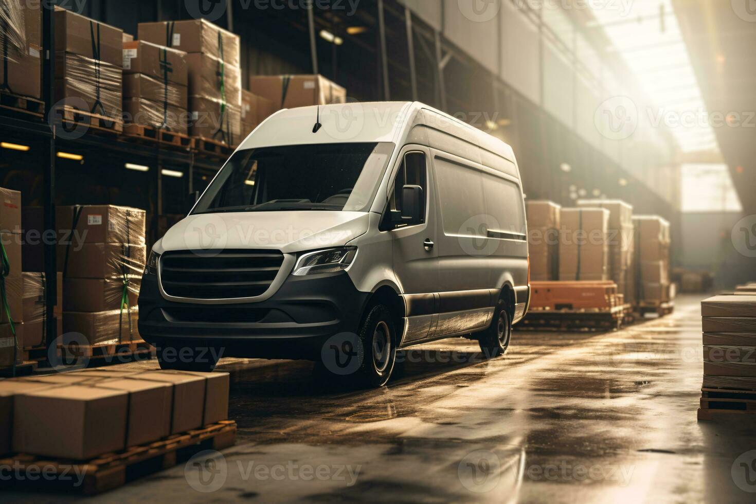 A delivery van parked in front of a logistics warehouse, ready to distribute packages to customers, representing the last. Generative Ai photo
