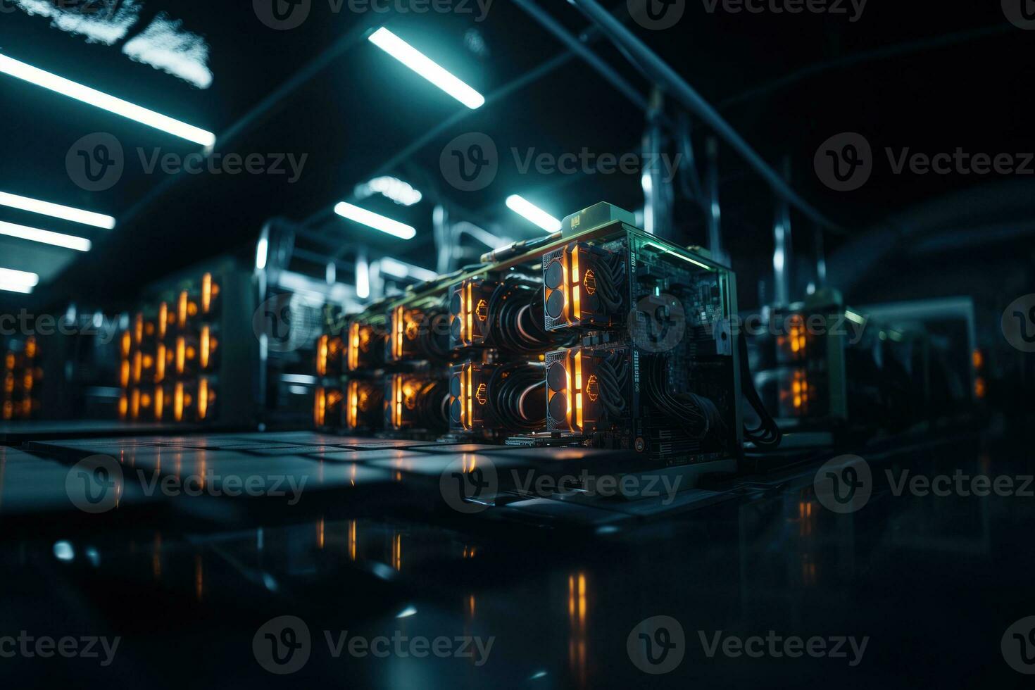 A crypto mining farm with rows of computer equipment, highlighting the energy and technology behind cryptocurrency mining. Generative Ai photo