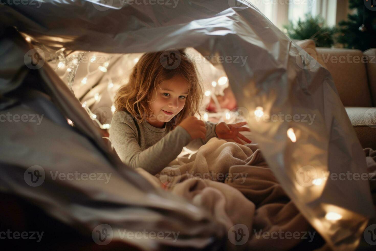 A children building a cozy blanket fort in the living room, complete with pillows and fairy lights, providing a space for imaginative play. Generative Ai photo