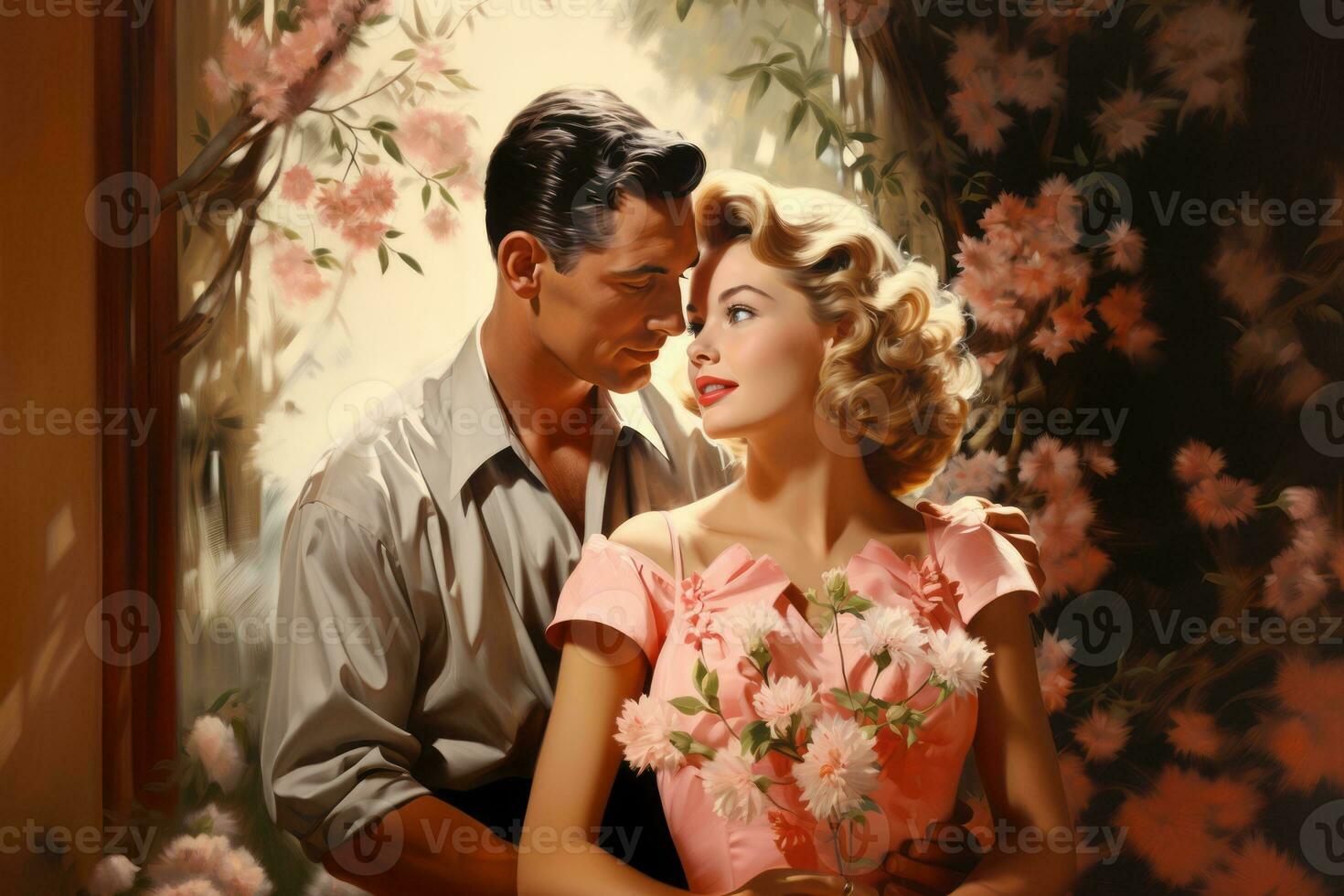 A vintage style illustration, a portrait of a couple deeply in love, surrounded by blooming flowers and soft sunlight. The couple is dressed in elegant attire from the 1950s. Generative Ai photo