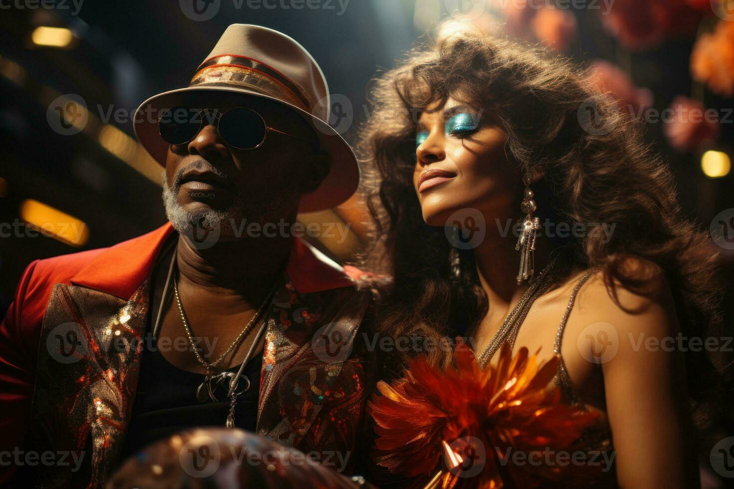 A couple dressed in 1970s disco fashion, striking a disco dance pose against a glittering backdrop, capturing the spirit of disco fever in 1978. Generative Ai photo