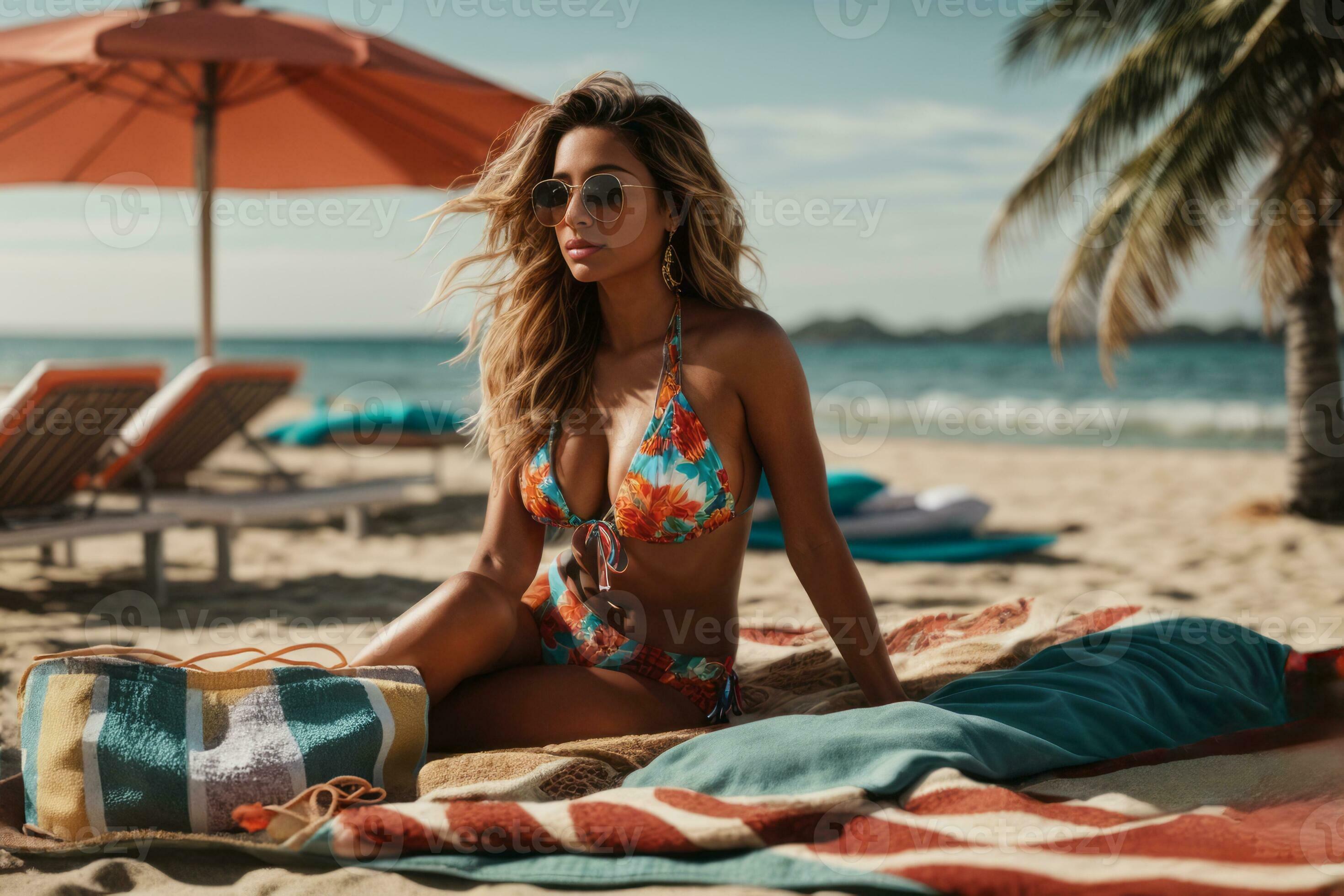 A woman in a trendy bikini lounging on a beach towel. Generative Ai  30593038 Stock Photo at Vecteezy