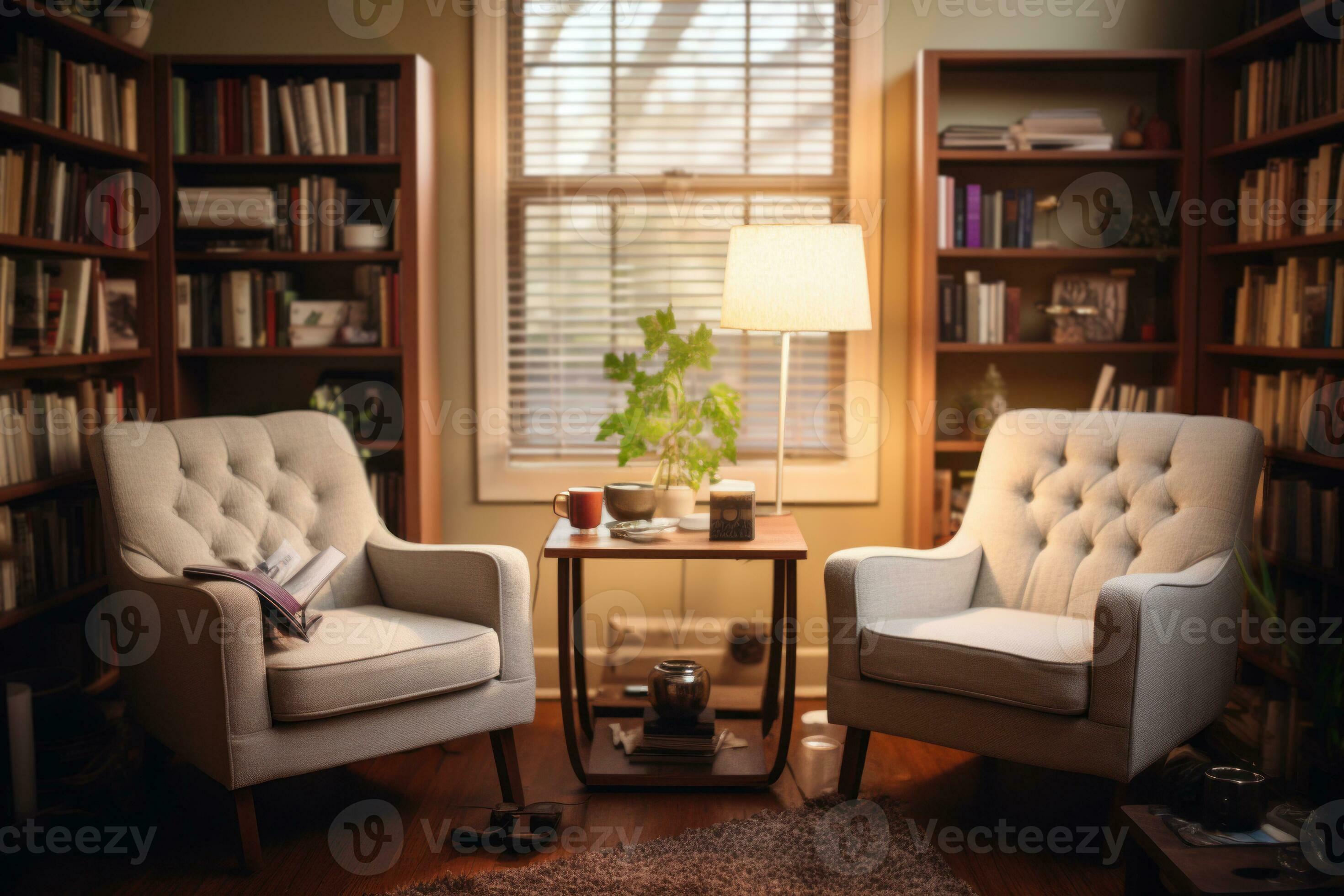 An psychologist's office, with comfortable chairs, soothing colors, and bookshelves filled with