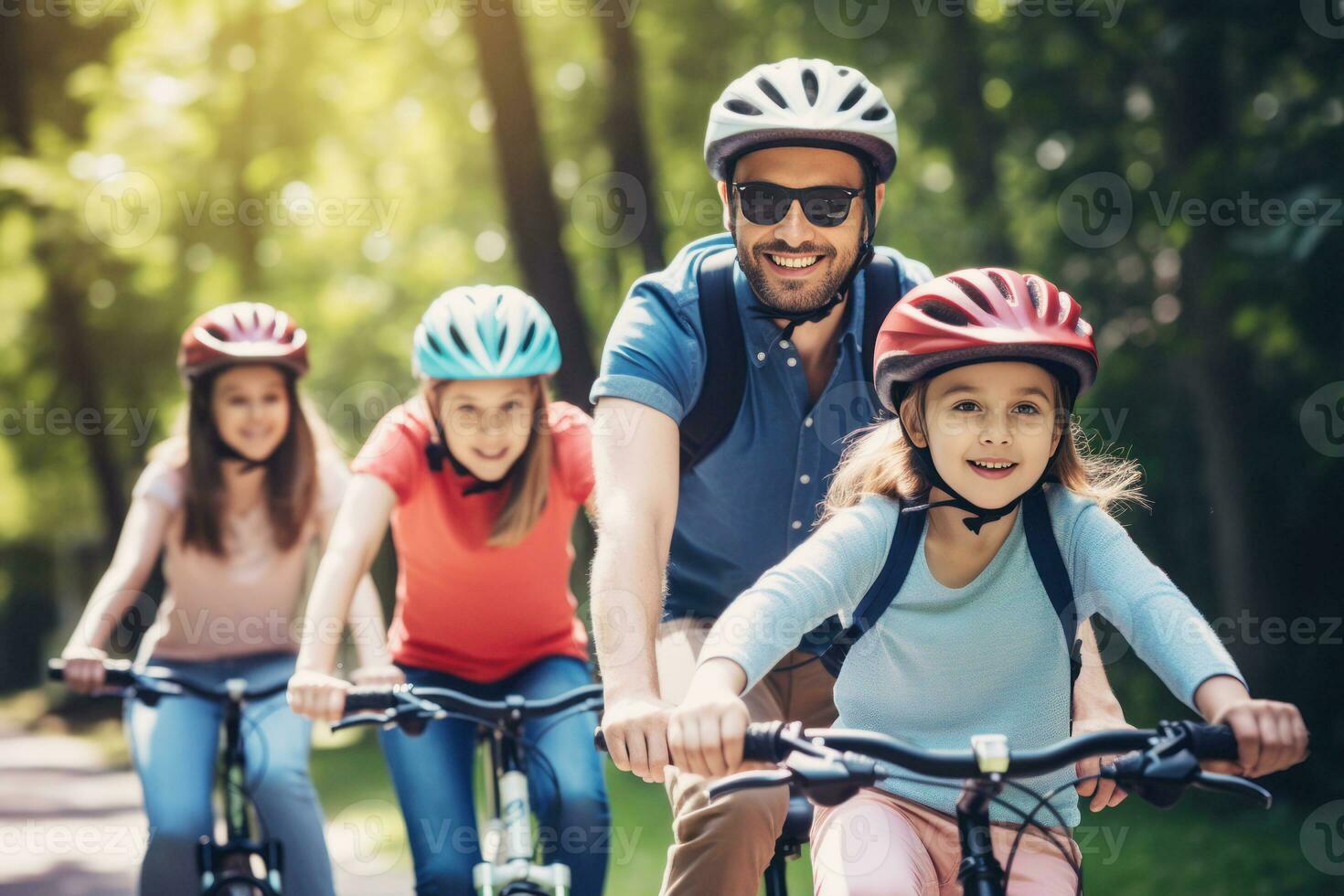 A family gearing up for a bike ride, with everyone wearing properly fitted helmets to showcase the importance of bicycle safety. Generative AI photo