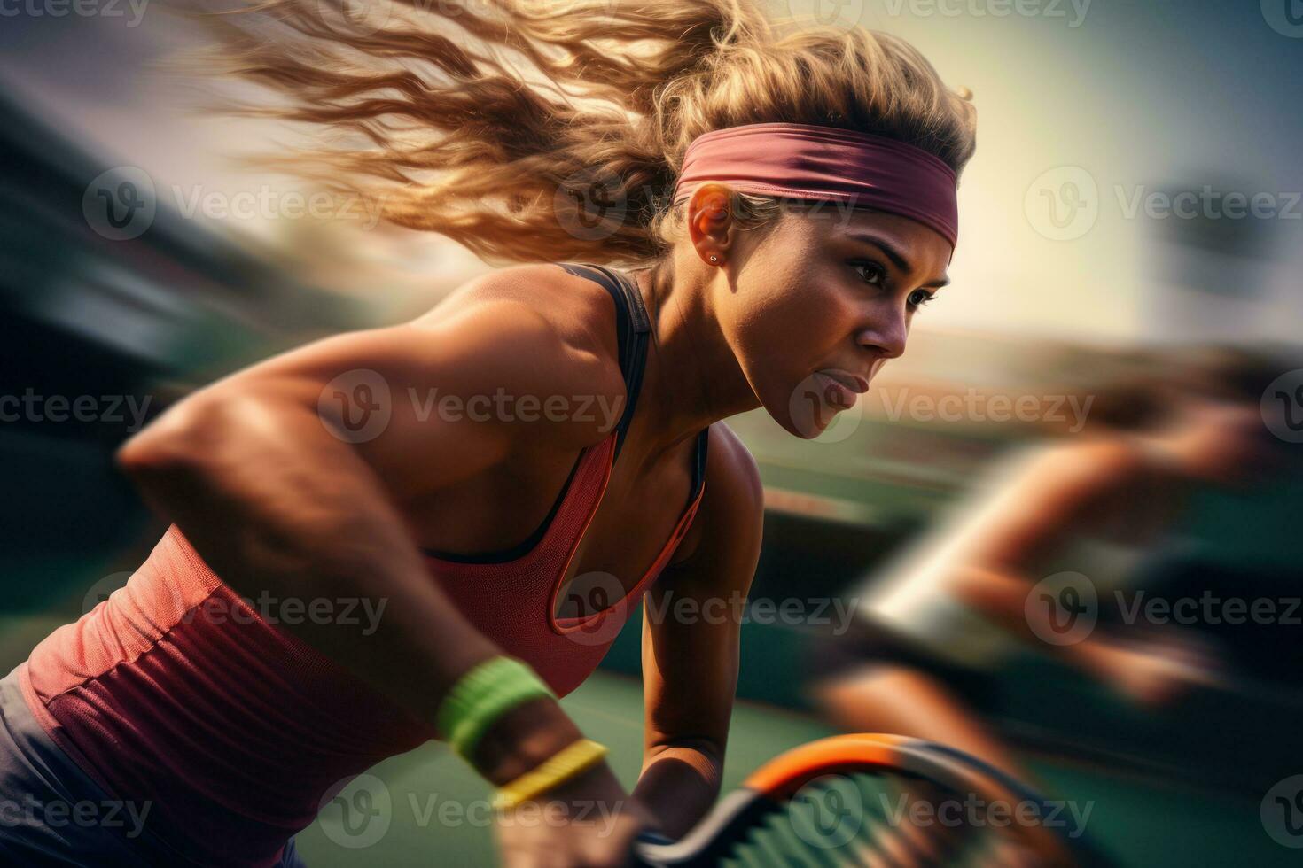 Dynamic shot of tennis players in a thrilling match, showcasing their agility and precision. Generative AI photo