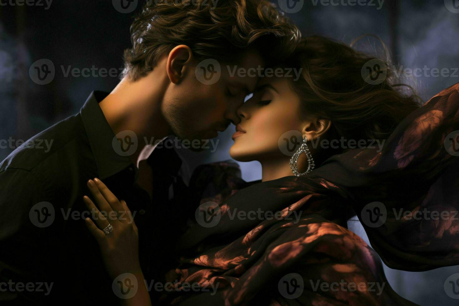 A couple engaging in playful and sensual silk scarf interactions, capturing the sensuality and mystery of their connection. Generative Ai photo