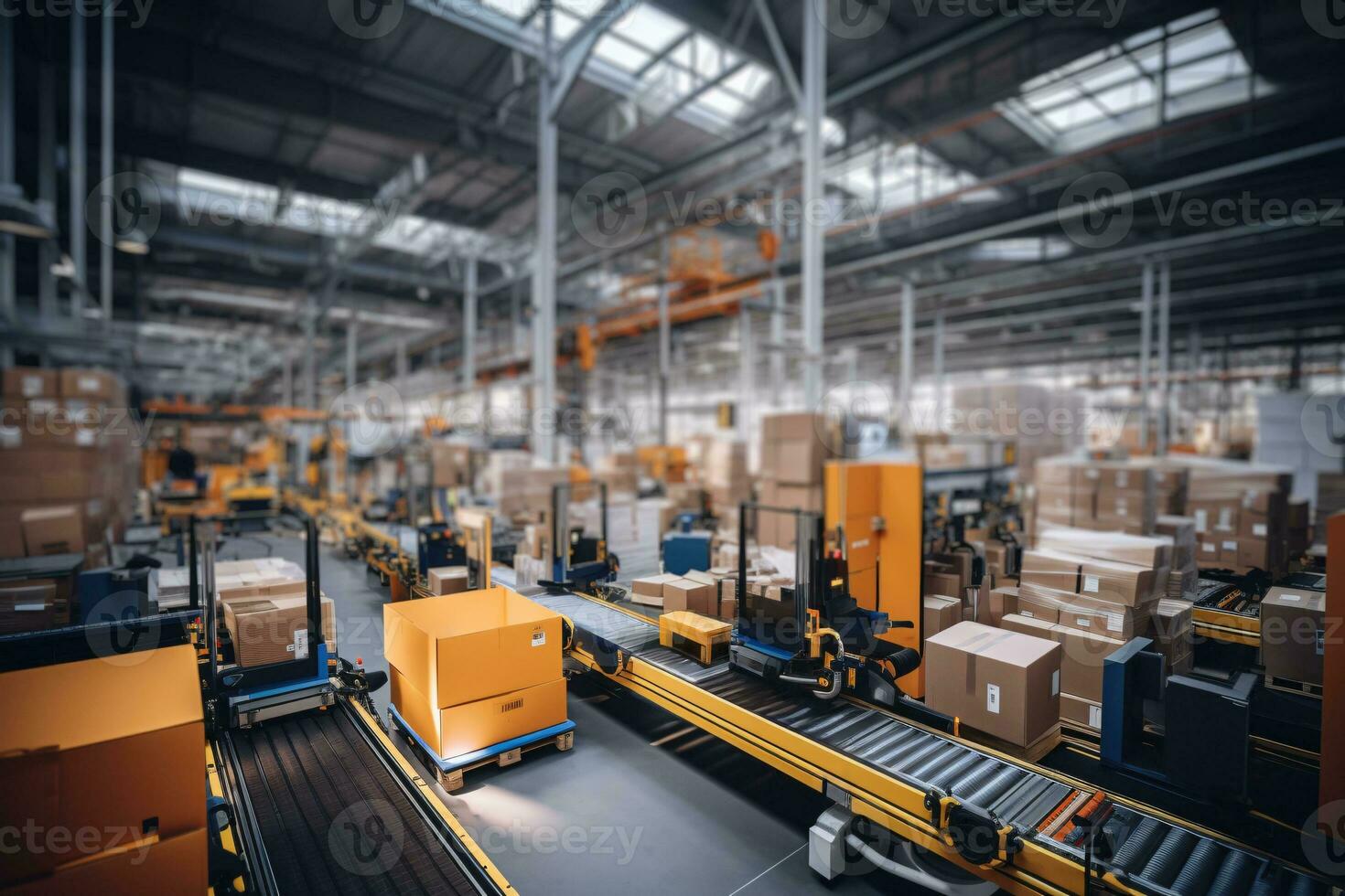 An interior view of a modern warehouse with robotic arms efficiently sorting and stacking packages, highlighting the role of automation in logistics. Generative Ai photo