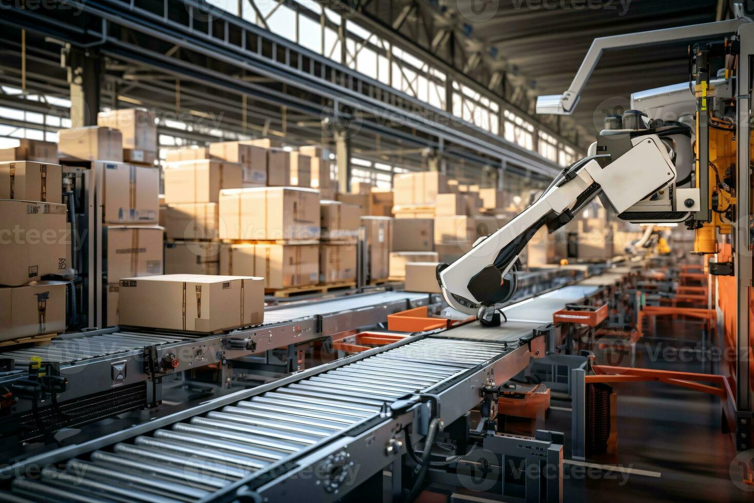 An interior view of a modern warehouse with robotic arms efficiently sorting and stacking packages, highlighting the role of automation in logistics. Generative Ai photo
