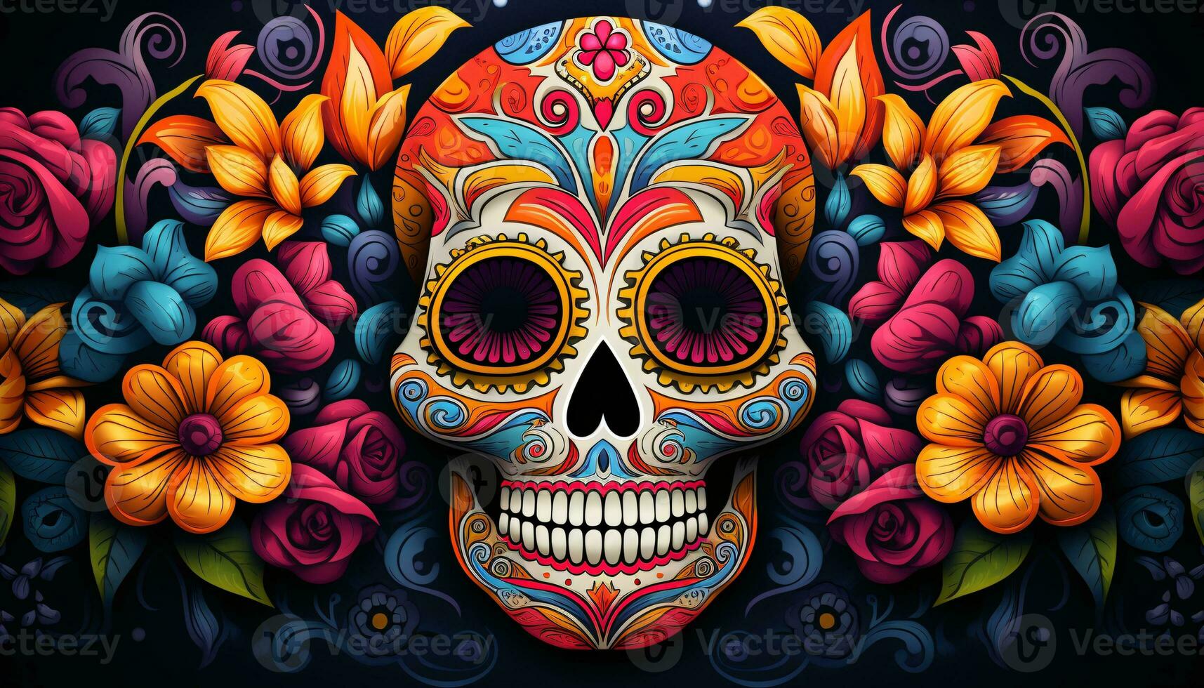 A colorful and vibrant banner celebrating Dia de los Muertos Day of the Dead with sugar skulls, marigold flowers, and intricate face paint designs. Generative AI photo