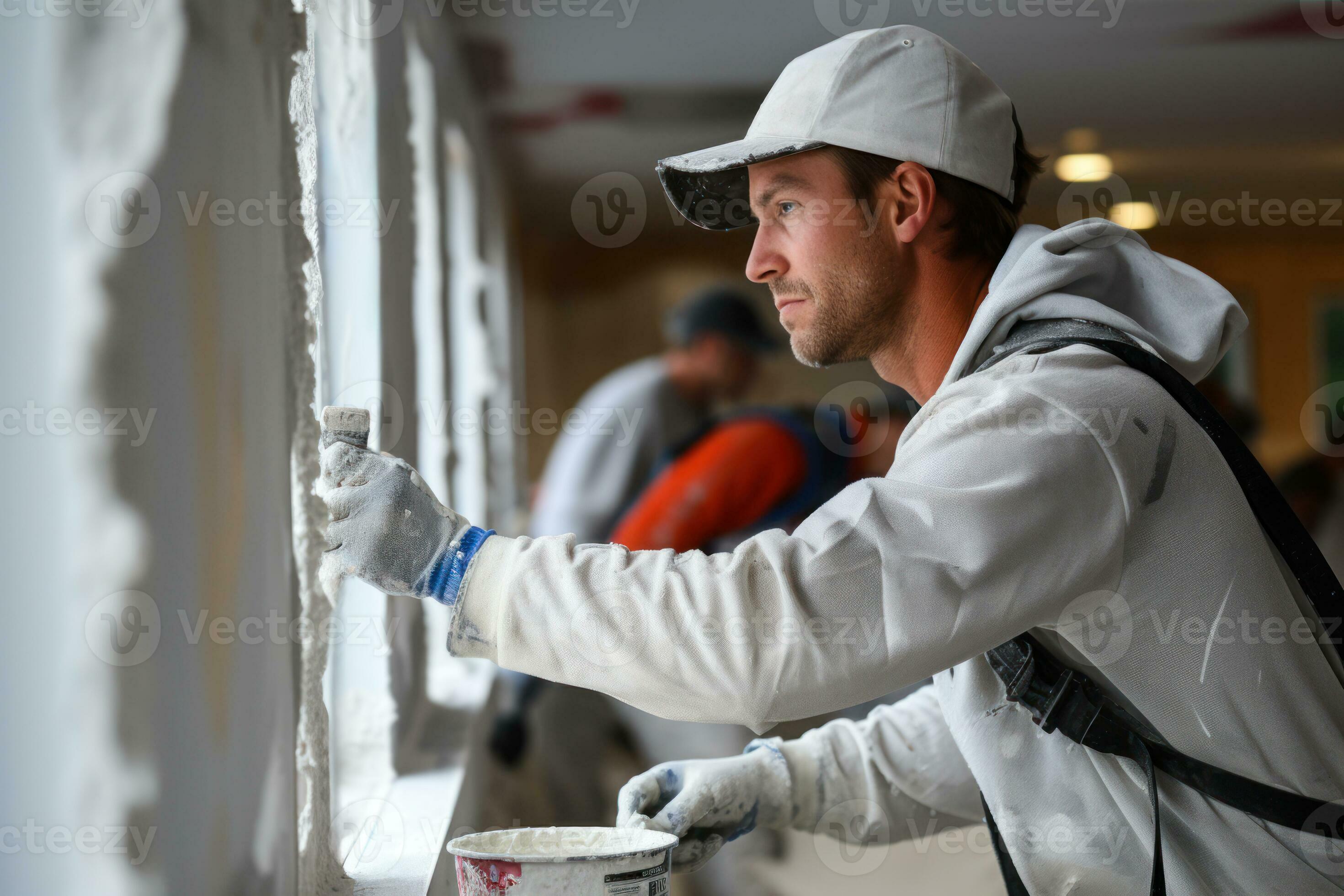 Workers applying joint compound and tape to seams and corners of
