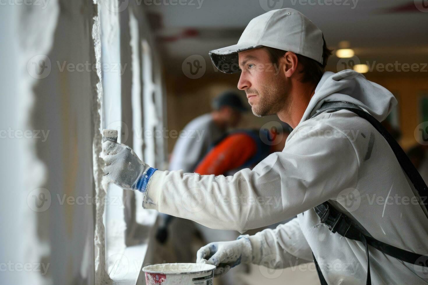 Workers applying joint compound and tape to seams and corners of