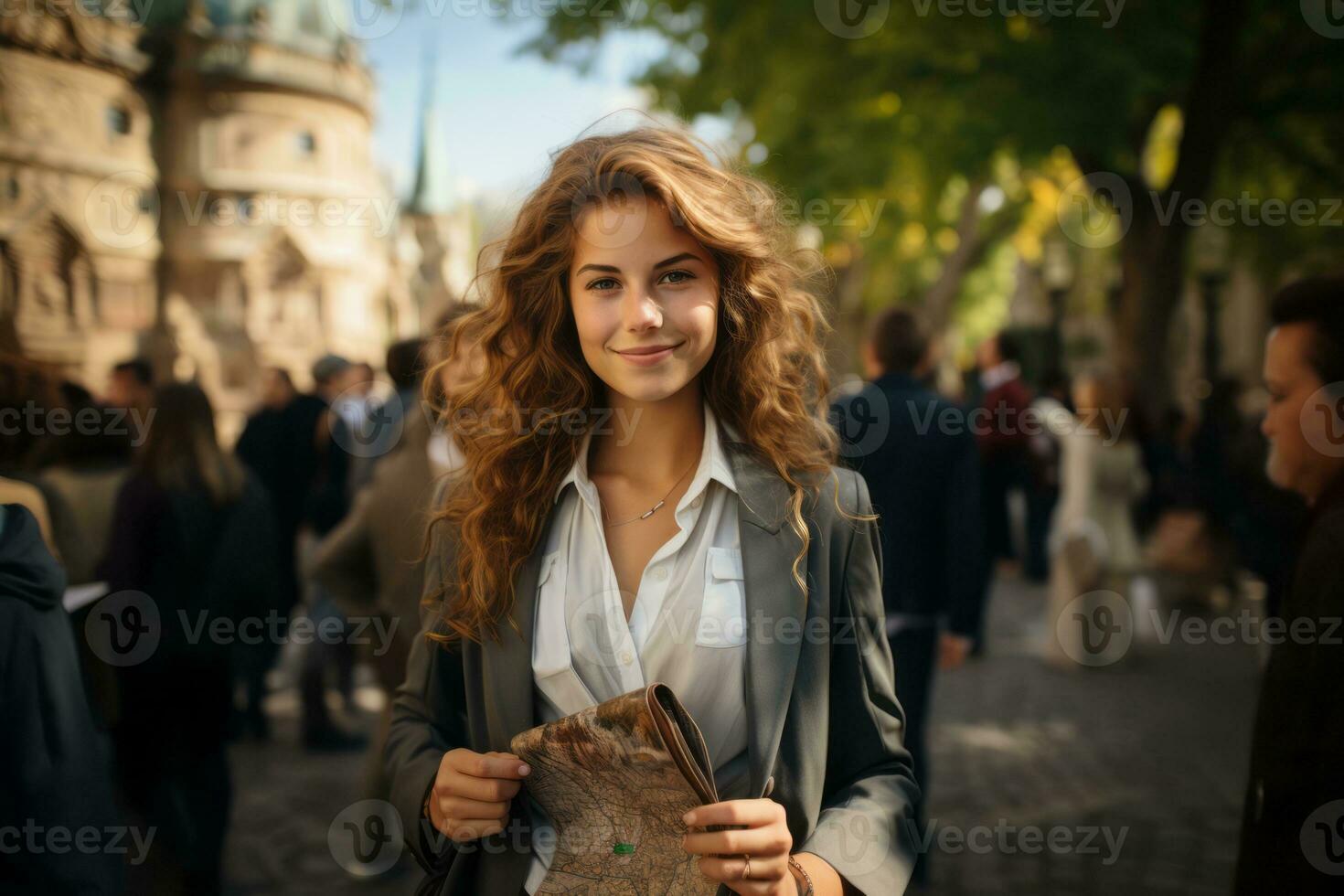 A confident female tour guide holding a city map, showcasing the city's iconic skyline in the background. Generative Ai photo