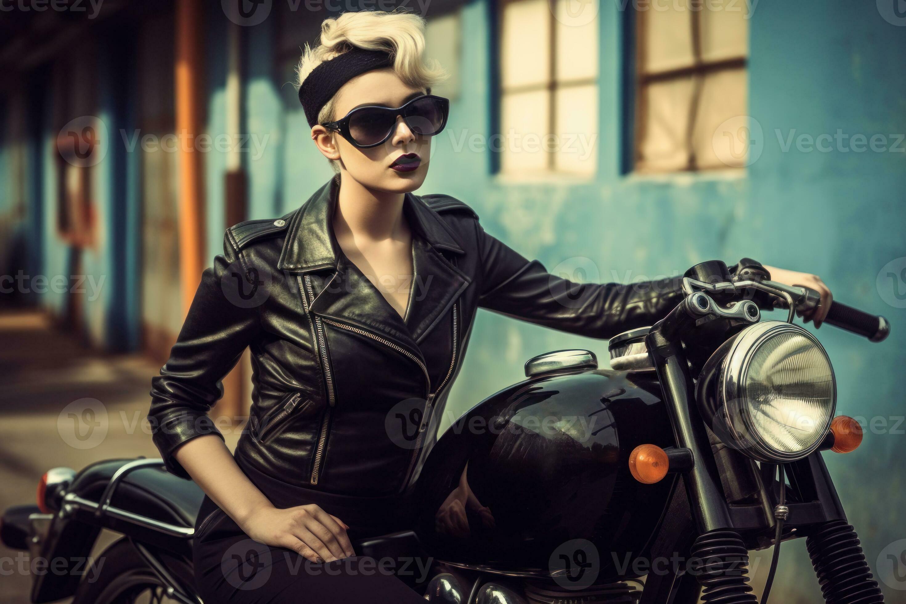 Woman in a black leather dress posed in a 50 style with a vintage motorcycle. Generative AI 30593288 Stock Photo at Vecteezy