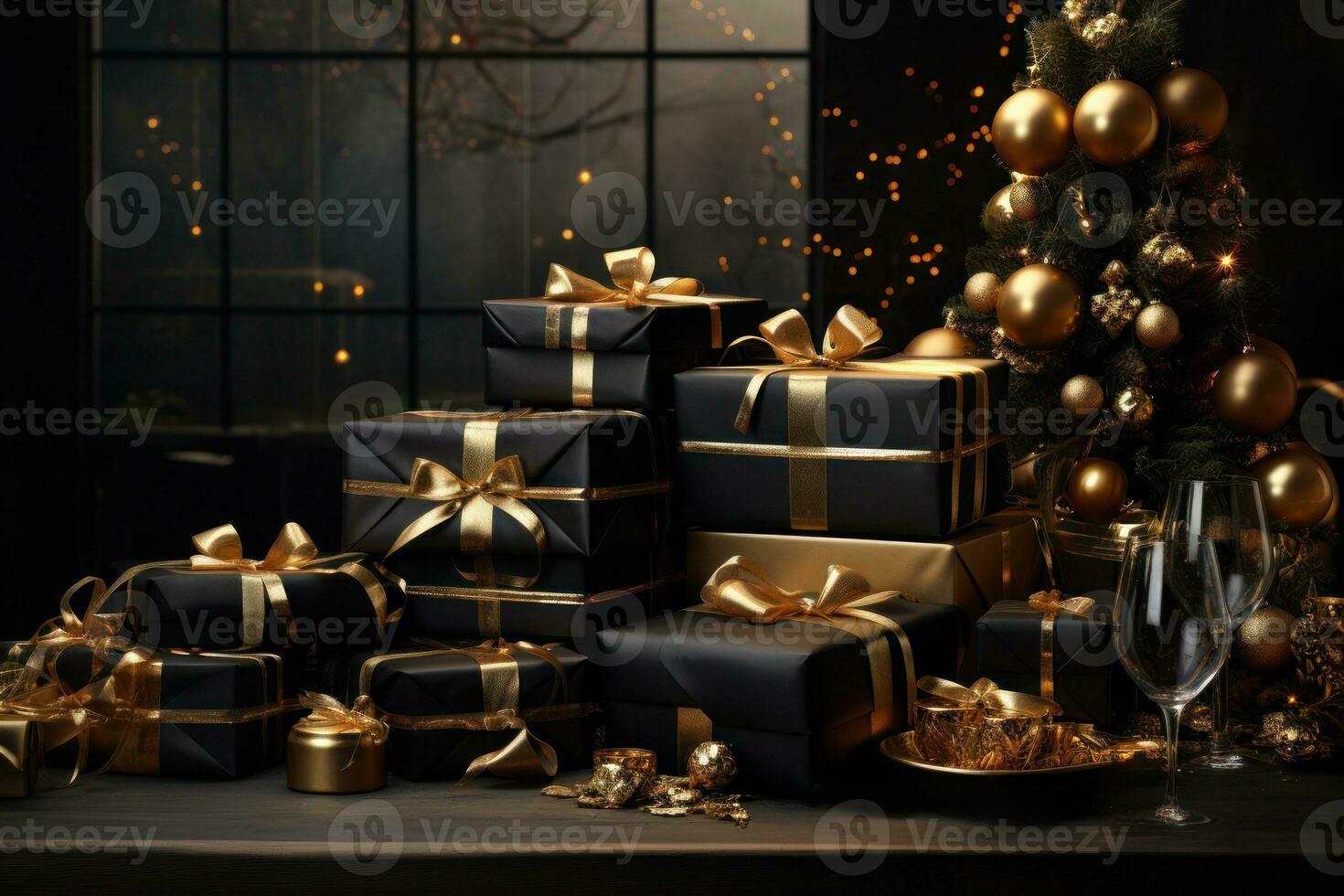 A black table with gold accents, covered in neatly wrapped Christmas gifts and elegant wrapping paper, showcasing the art of gift wrapping in a minimalistic setting. Generative Ai photo