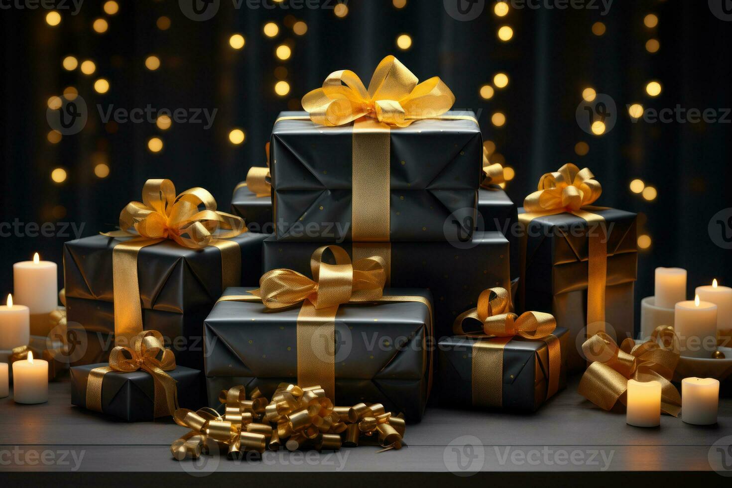 A black table with gold accents, covered in neatly wrapped Christmas gifts and elegant wrapping paper, showcasing the art of gift wrapping in a minimalistic setting. Generative Ai photo