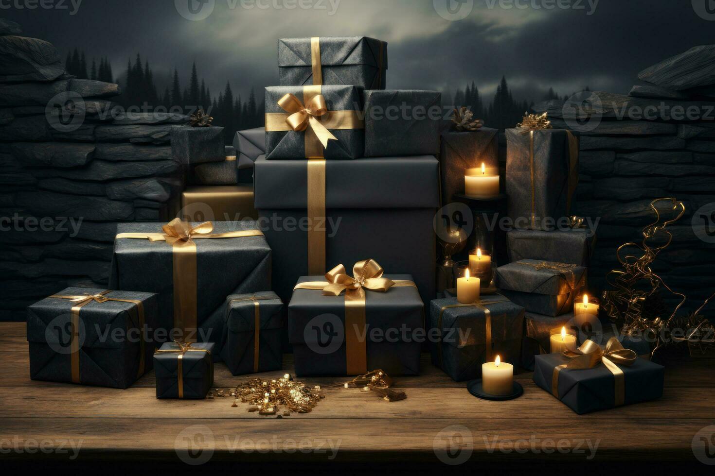 A black table with gold accents, covered in neatly wrapped Christmas gifts and elegant wrapping paper, showcasing the art of gift wrapping in a minimalistic setting. Generative Ai photo