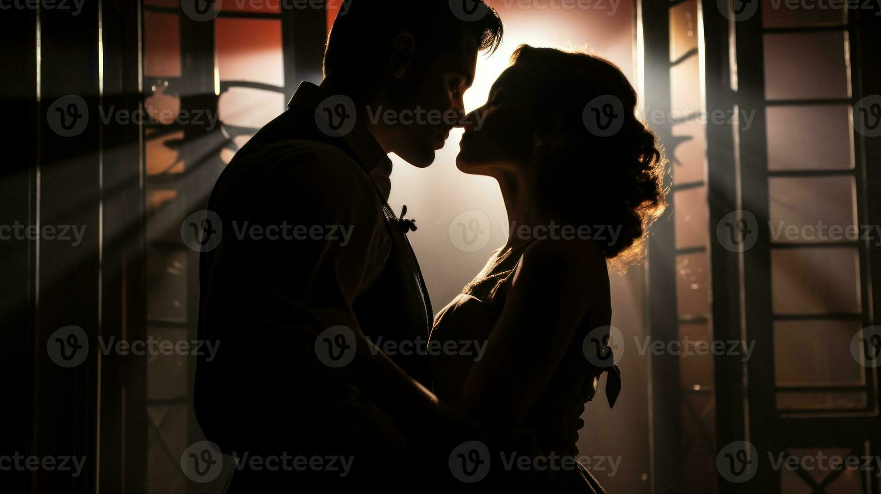 A low-angle shot of a tango dancer's passionate embrace on a vintage theater stage, the dramatic lighting casting sensual shadows and highlighting the intensity of their connection. Generative Ai photo