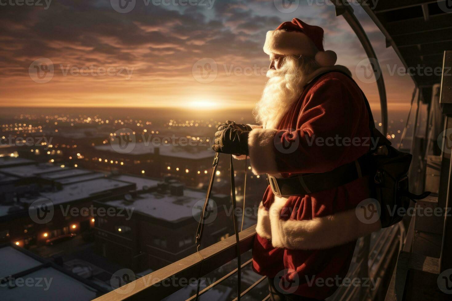 Santa Claus, illuminated at sunrise, as he prepares to descend from the rooftop to deliver gifts. The composition captures the anticipation and wonder of Santa's arrival. Generative Ai photo