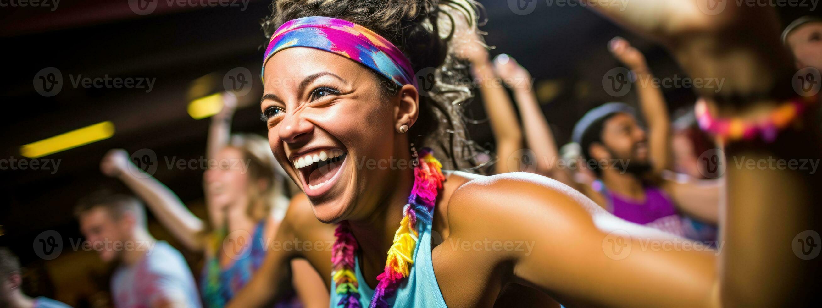A fitness class is in full swing, with participants wearing neon-colored headbands and wristbands, adding splashes of purple, red, blue and green to the mix. Generative AI photo