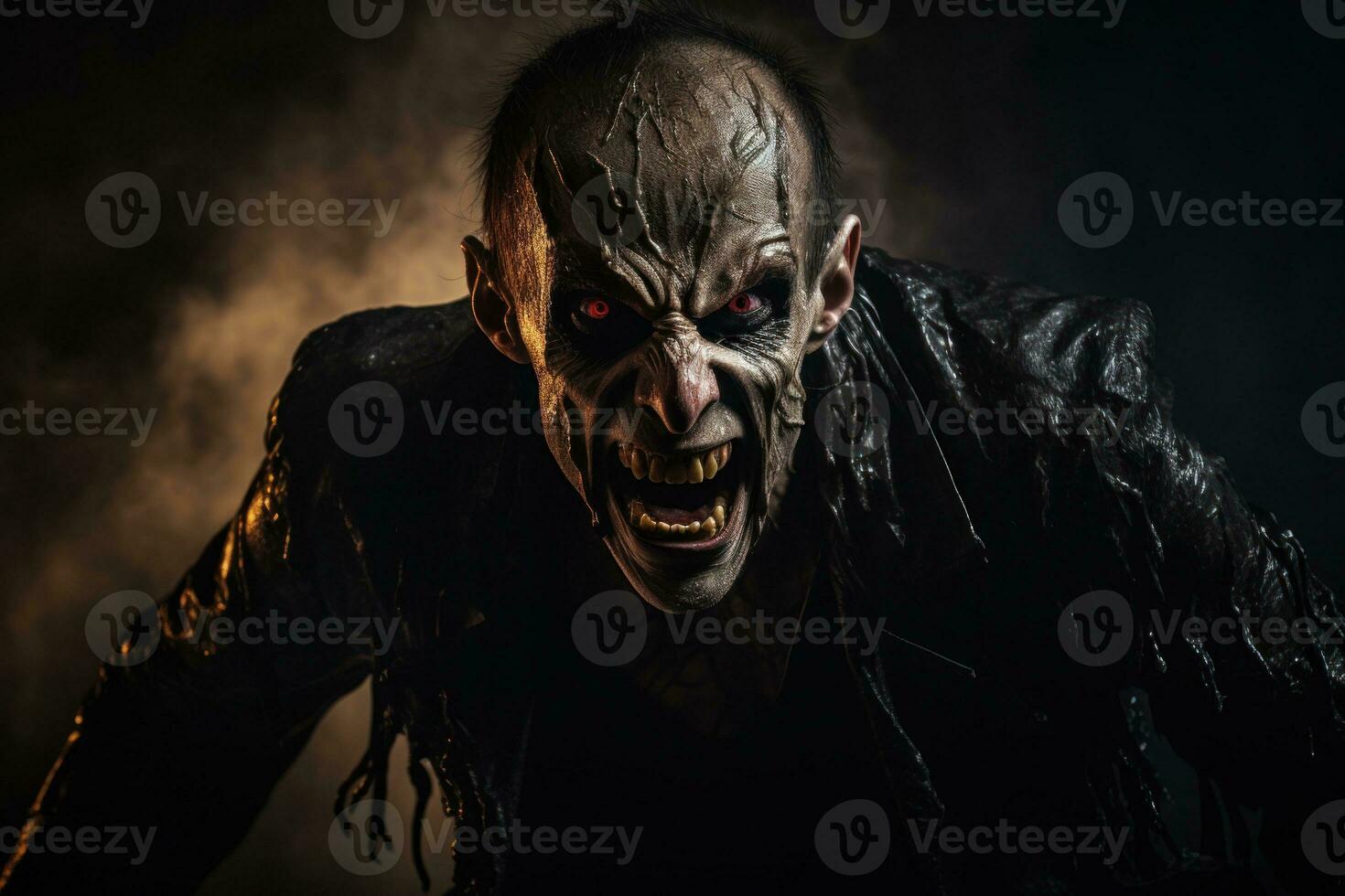 A vampire emerging from the shadows with sharp fangs exposed, ready to take a bite, with dramatic lighting that emphasizes the horror of the moment. Generative AI photo