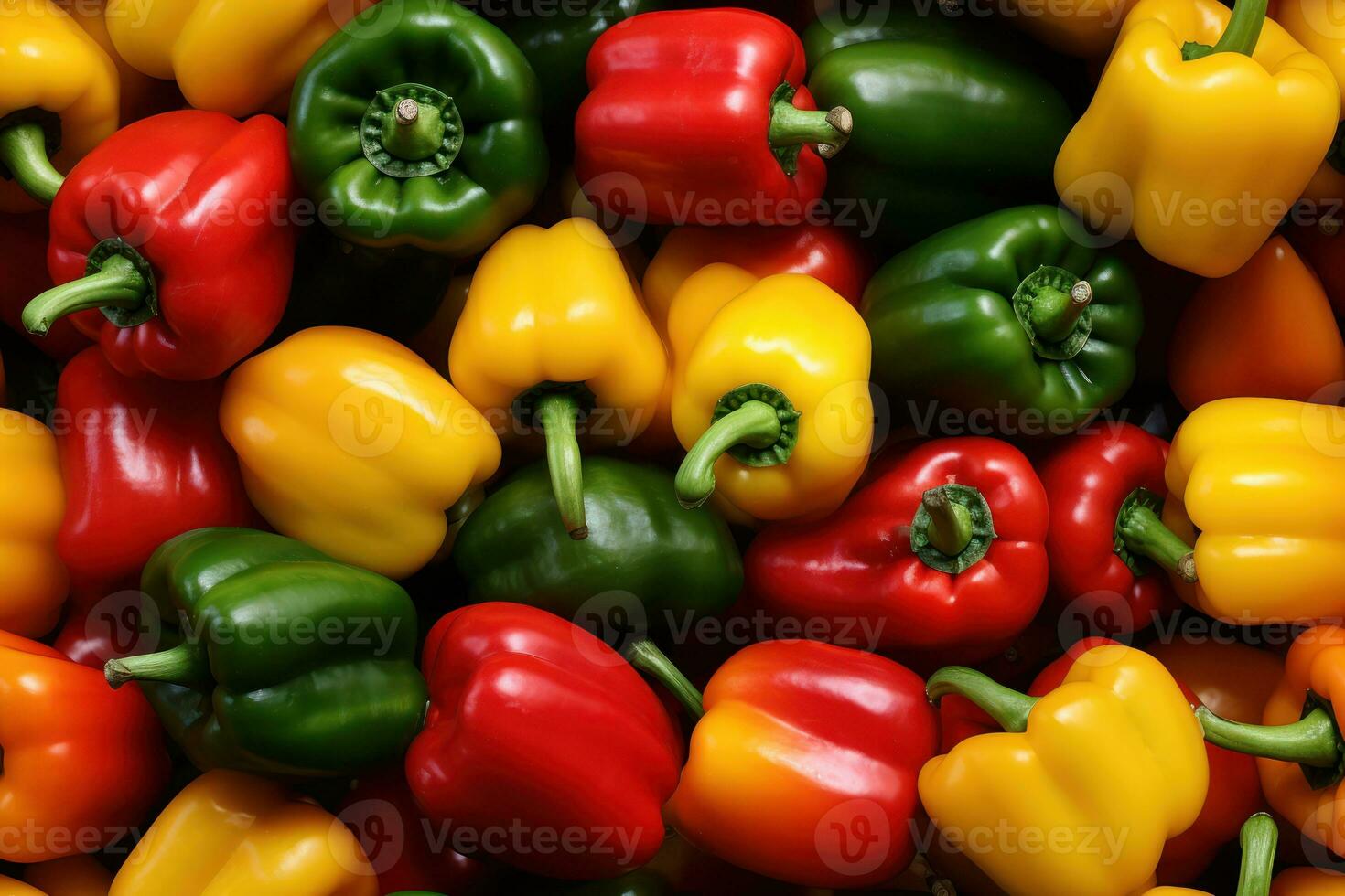 Close up of fresh red , yellow, orange, green peppers , top view, seamless pattern. Generative Ai photo