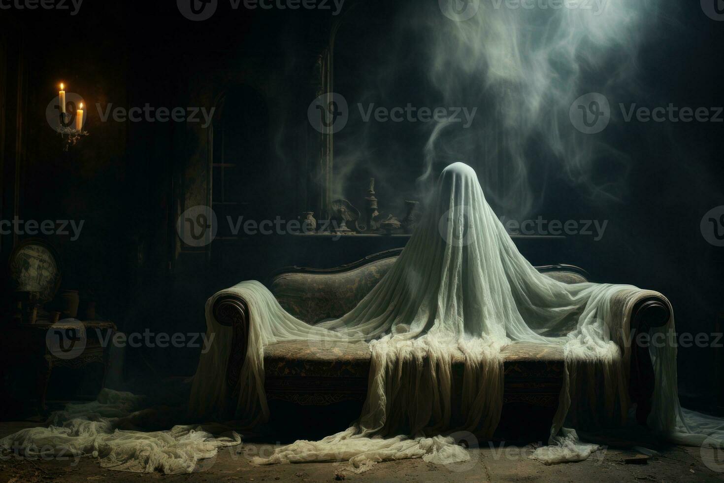 A ghostly apparition sitting on sofa in a dimly lit, abandoned mansion, with tattered curtains and cobwebs, evoking a sense of haunting and suspense. Generative AI photo