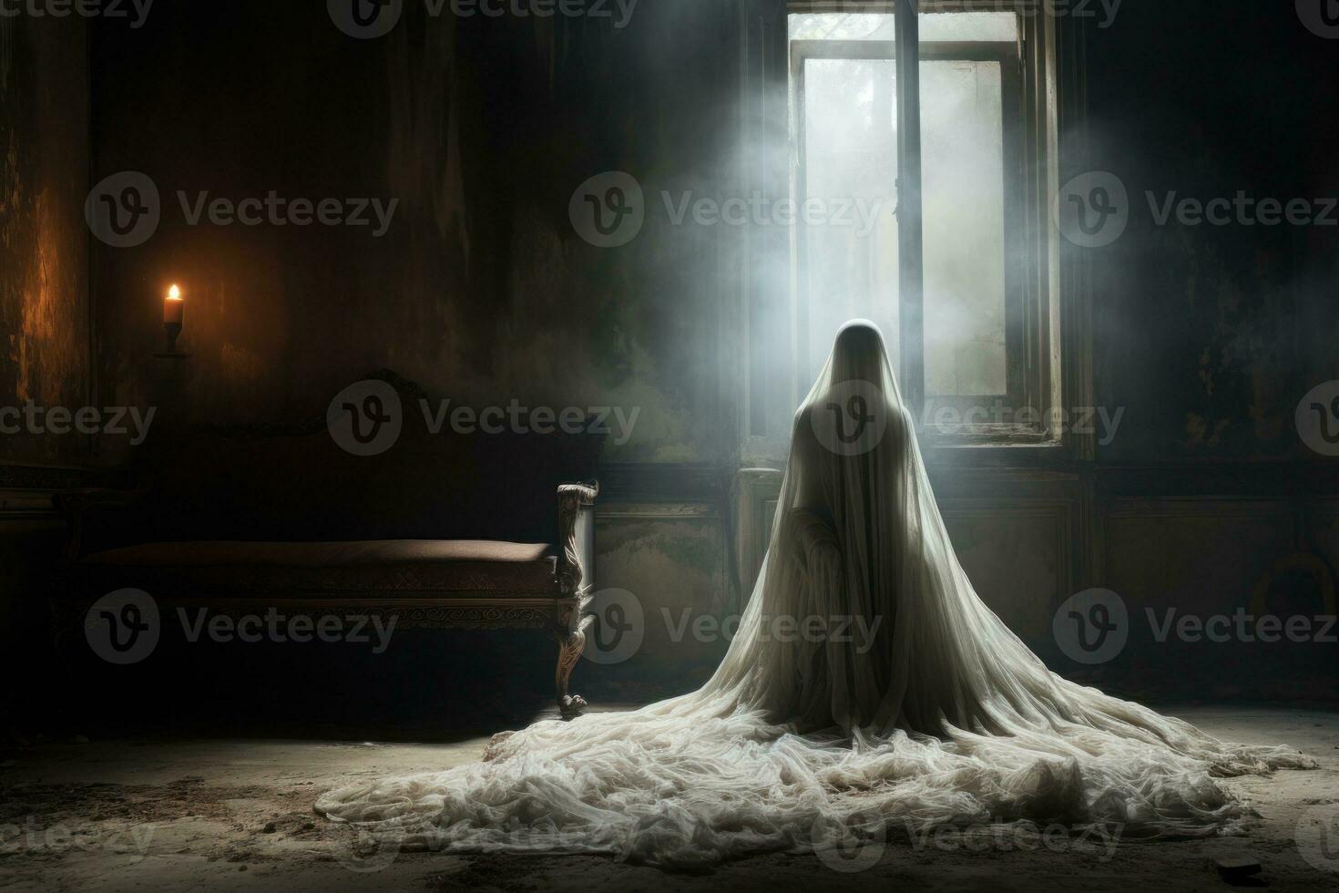 A ghostly apparition standing near the window in a dimly lit, abandoned mansion, with tattered curtains and cobwebs, evoking a sense of haunting and suspense. Generative AI photo