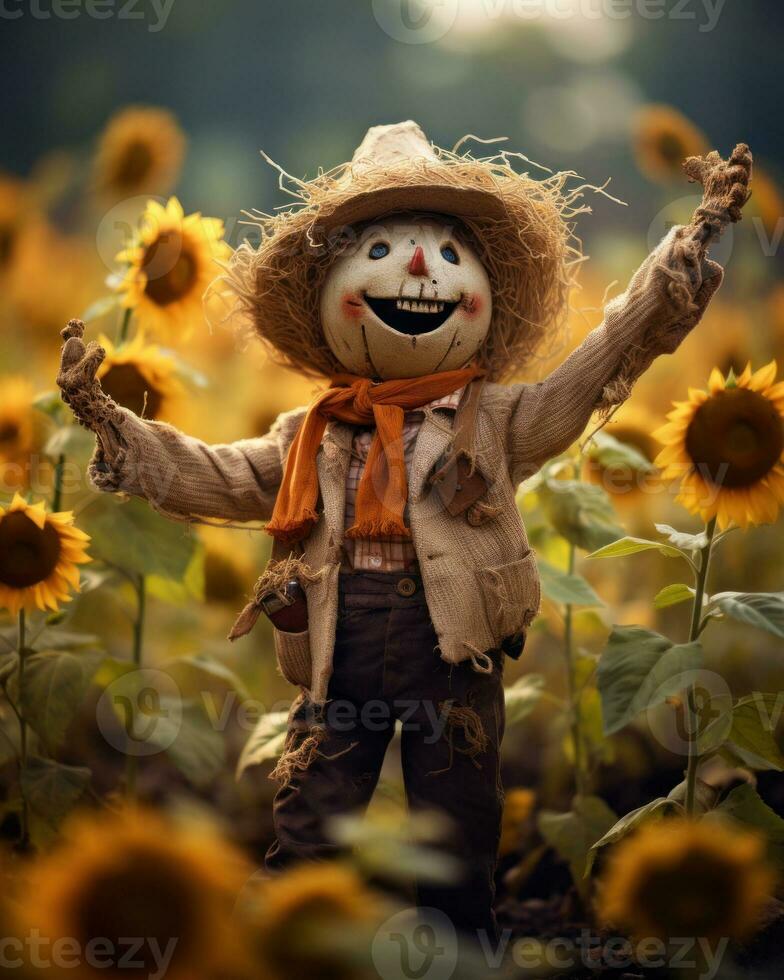 A whimsical scarecrow in a sunflower-filled field, with a big smile and outstretched arms, exuding a sense of warmth and autumn charm. Generative AI photo