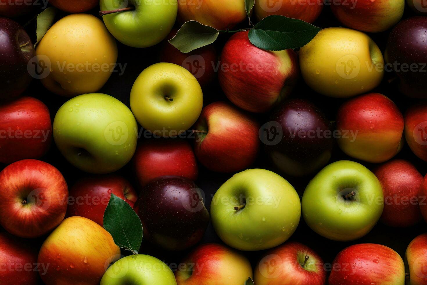 Close up of fresh red, green, yellow apples , top view, seamless pattern. Generative Ai photo