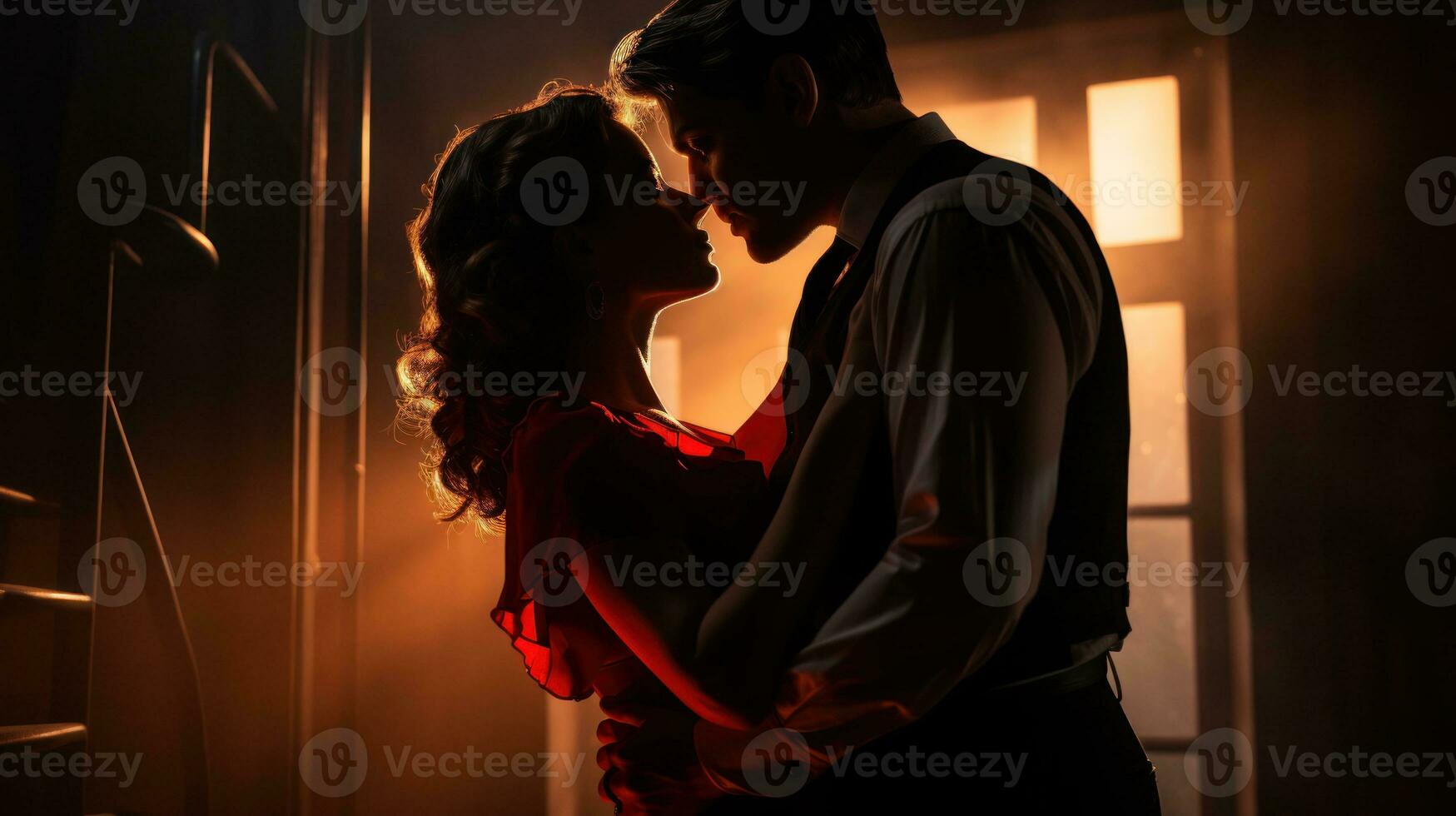 A low-angle shot of a tango dancer's passionate embrace on a vintage theater stage, the dramatic lighting casting sensual shadows and highlighting the intensity of their connection. Generative Ai photo