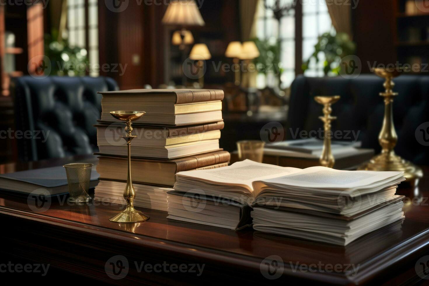 A law office with a stack of legal documents, illustrating its importance in legal practices. Generative Ai photo